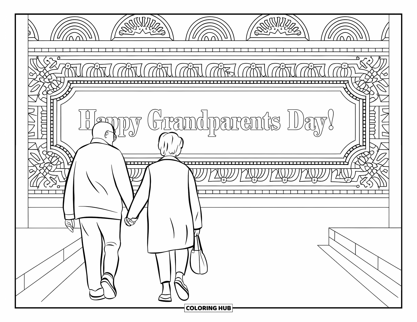 Grandparents Day Coloring Page for Adults: Grandparents hold hands in a museum surrounded by art and a decorative message on the wall