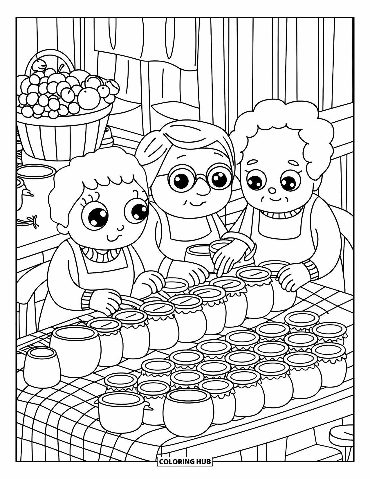 Grandparents Day Coloring Page for Adults: Grandparents teach jam-making at a tiny kitchen table with berries and sweet doodle elements