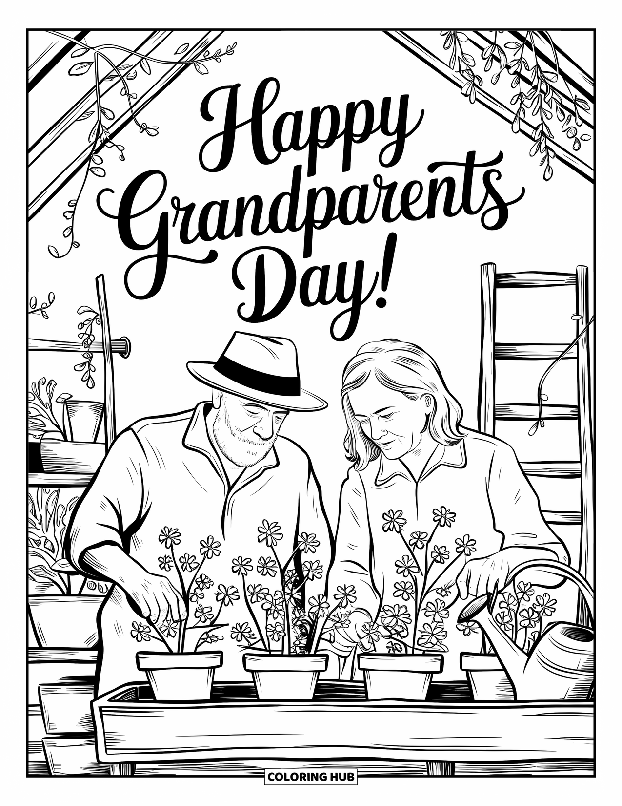 Grandparents Day Coloring Page for Adults: Greenhouse scene with grandparents gardening near plants and hand-lettered Grandparents Day text
