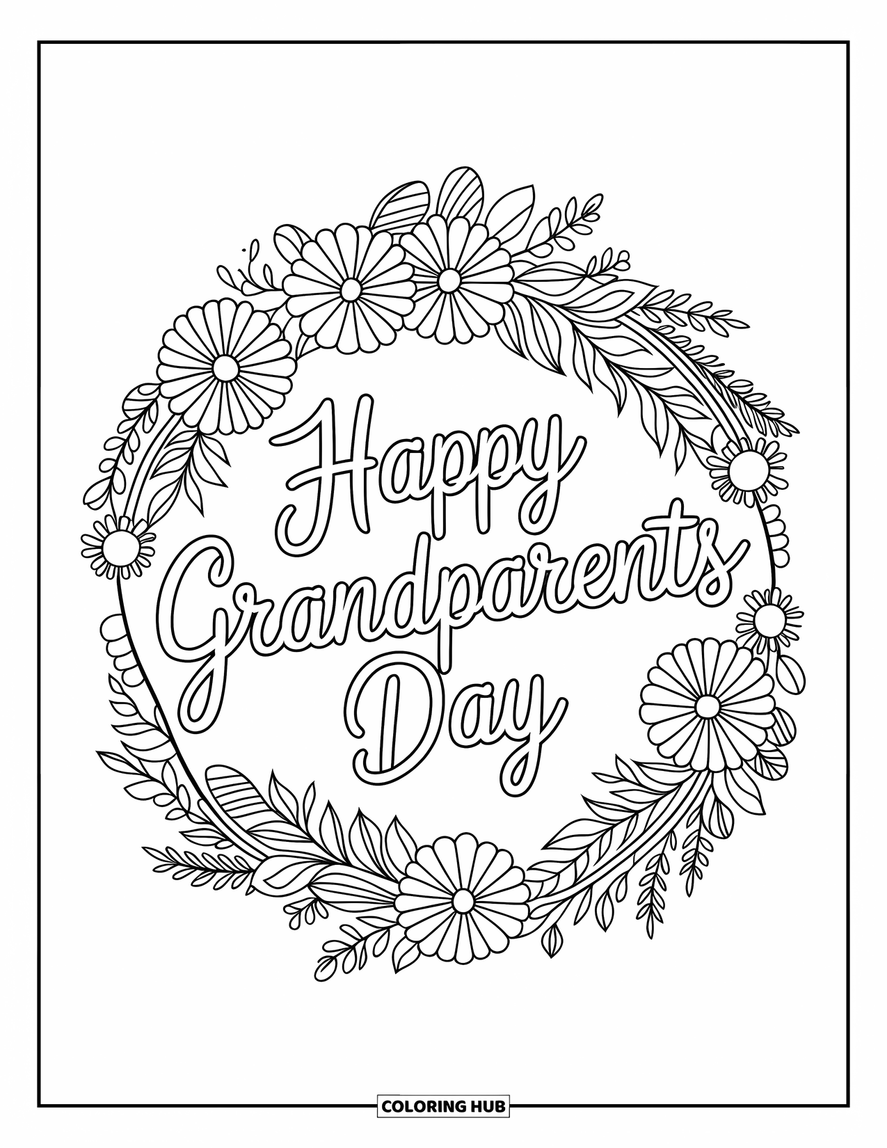 Grandparents Day Coloring Page for Adults: Intricate flower wreath encircles a sweet message saying "Happy Grandparents Day"