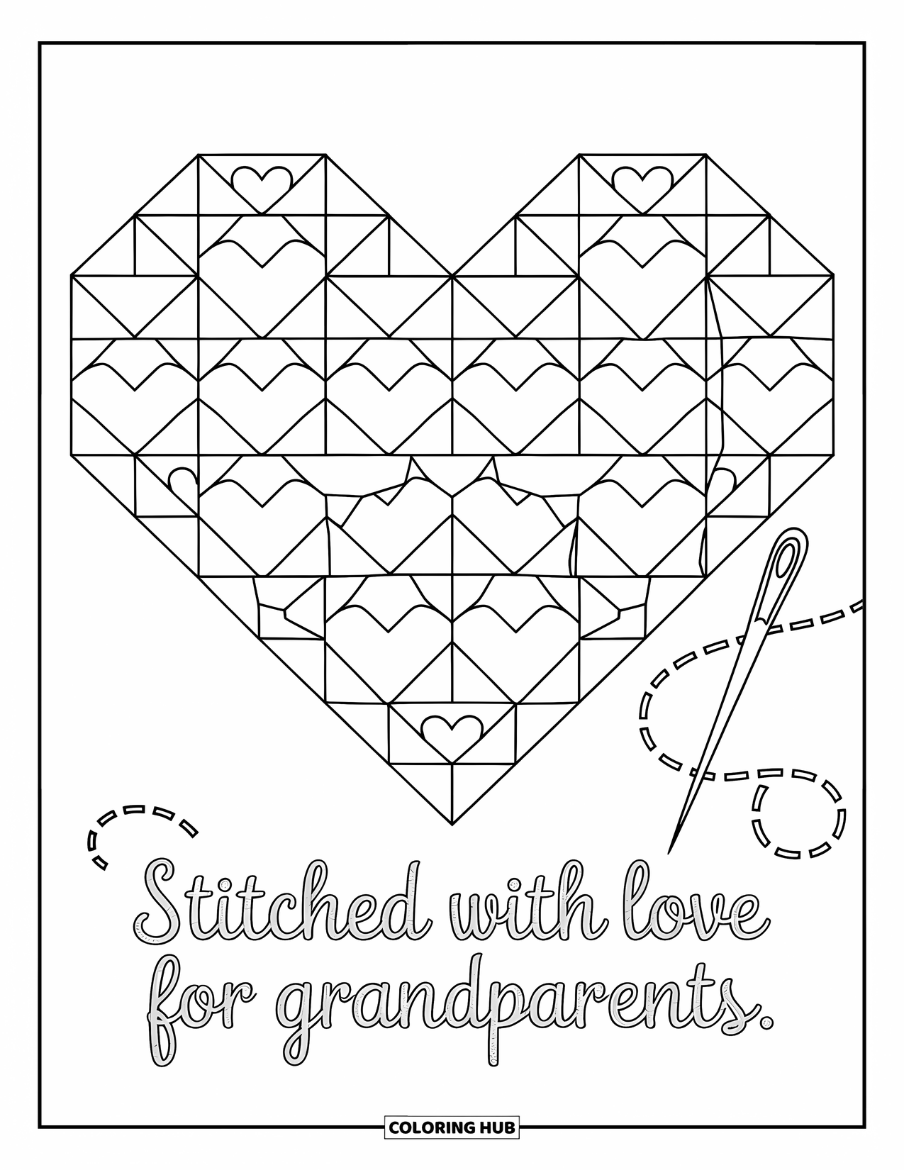 Grandparents Day Coloring Page for Adults: Quilted heart made of tiny hearts with a needle and thread and sweet stitched message
