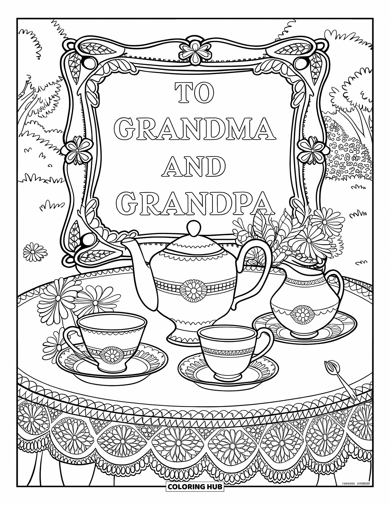 Grandparents Day Coloring Page for Adults: Vintage tea set on lace in a floral garden with a note "To Grandma and Grandpa"