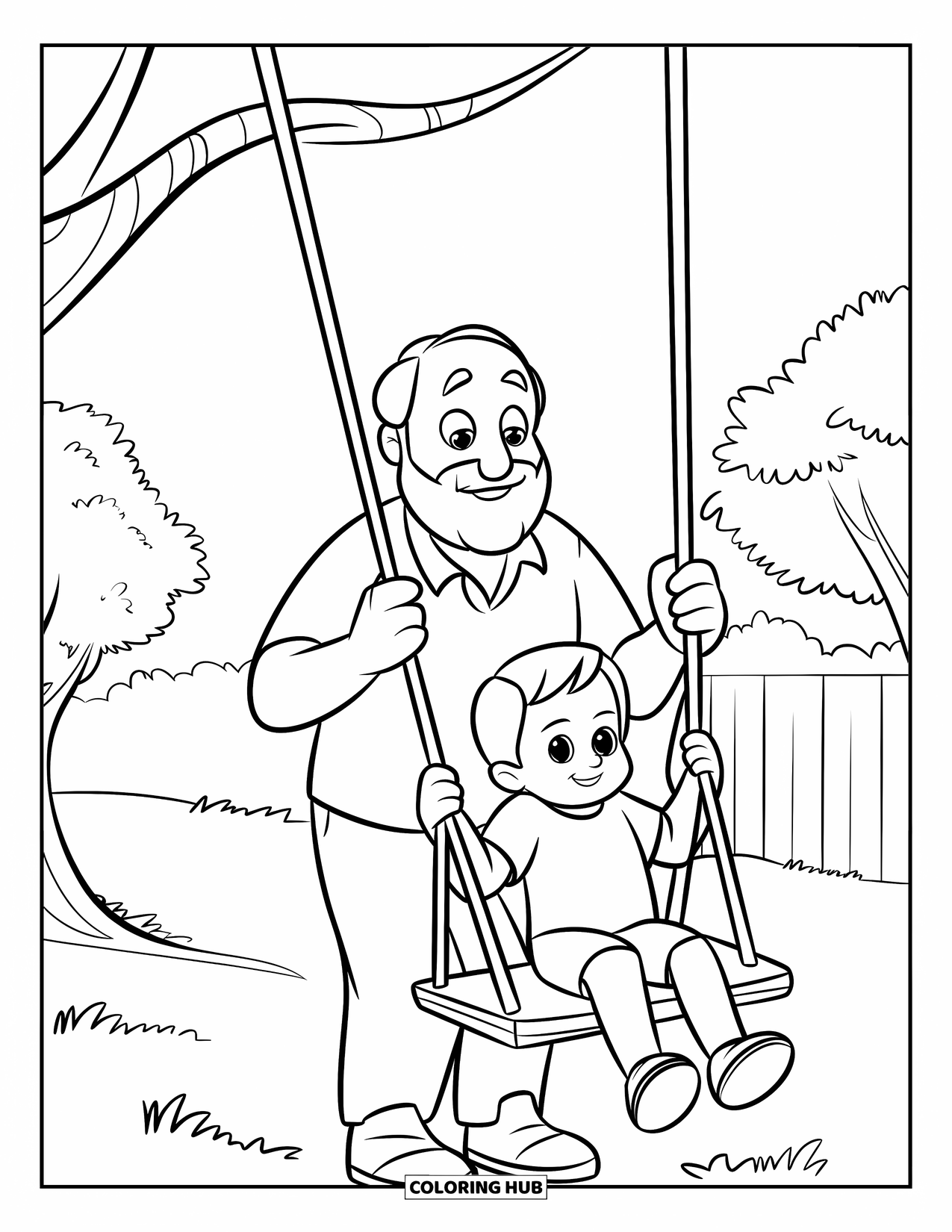 Grandparents Day Coloring Page for Kids: A cheerful grandpa pushes a child on a swing near trees and a wooden fence