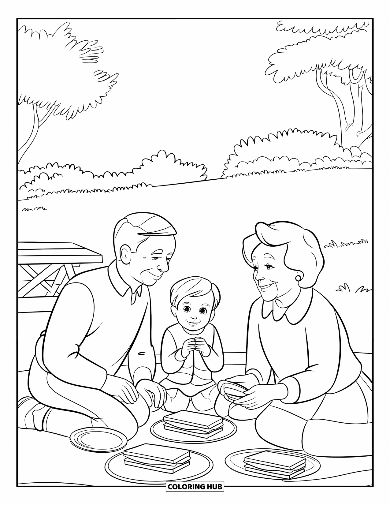 Grandparents Day Coloring Page for Kids: A child and grandparents have a picnic outdoors near trees and a wooden bench