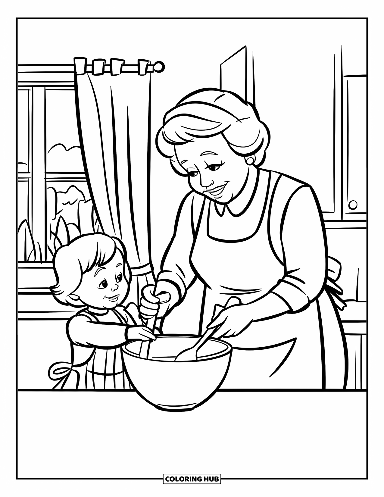 Grandparents Day Coloring Page for Kids: A child helps grandma stir a bowl on the kitchen table near a window