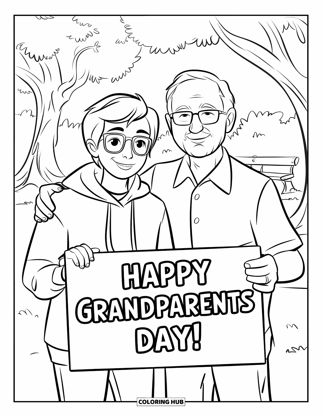 Grandparents Day Coloring Page for Kids: A teen and grandparents pose in the park with a "Happy Grandparents Day" sign