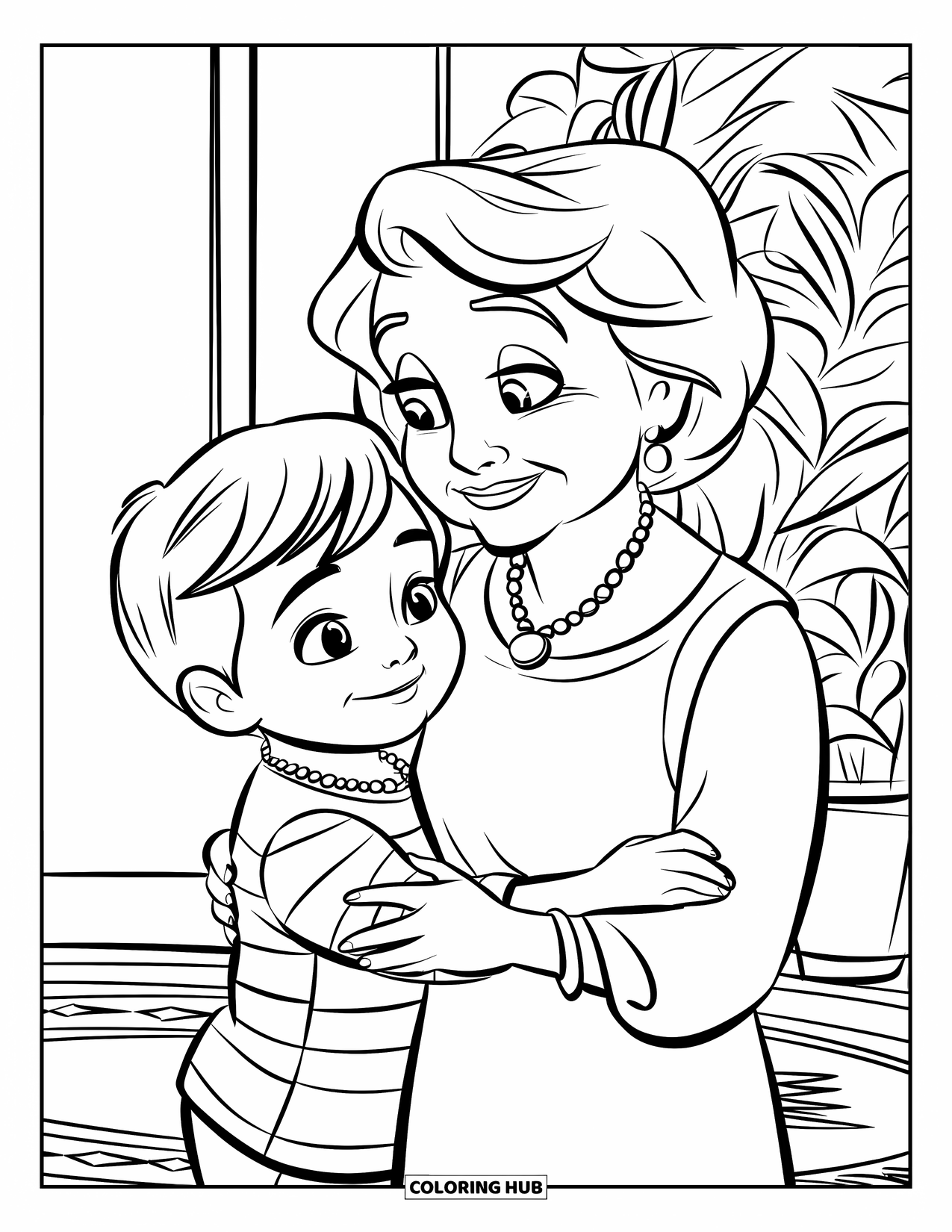 Grandparents Day Coloring Page for Kids: Child gives a warm hug to grandma in a quiet room with a plant nearby