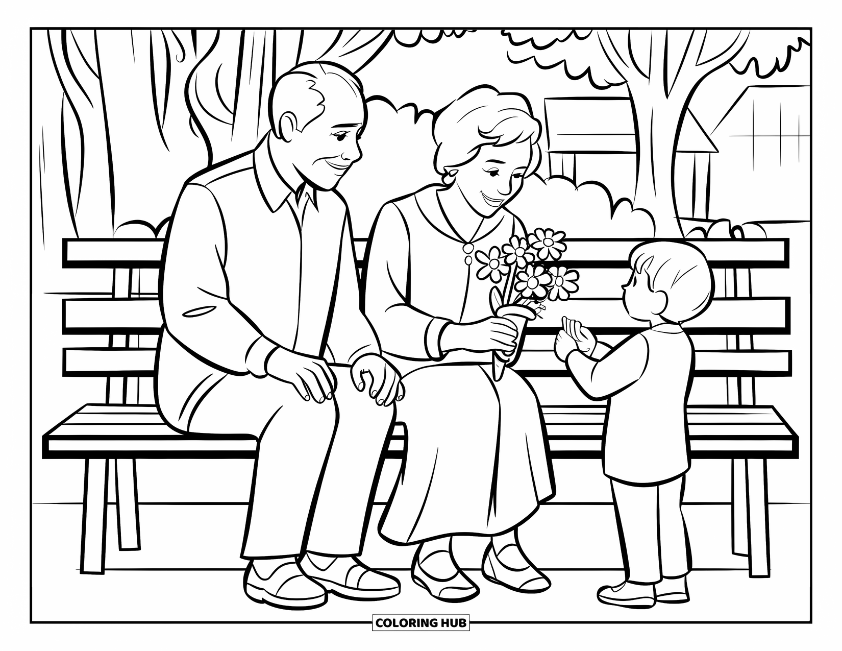 Grandparents Day Coloring Page for Kids: Child gives flowers to grandparents sitting together on a bench in the park