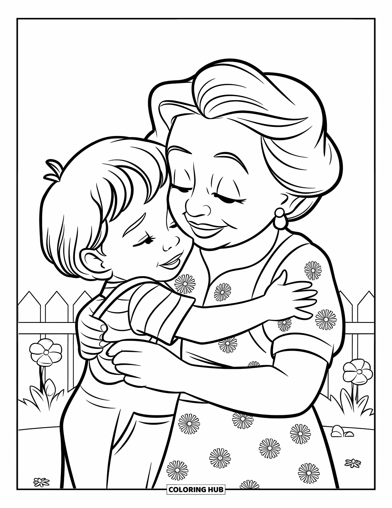 Grandparents Day Coloring Page for Kids: Child gives grandma a big hug near a fence and flowers with happy smiles