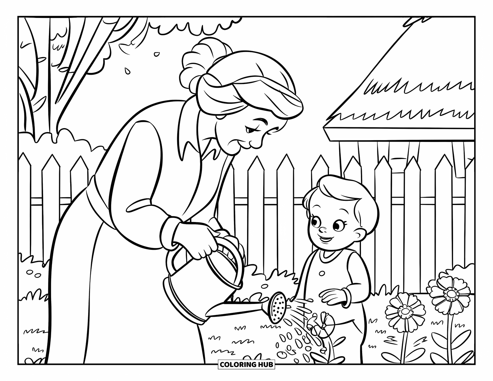 Grandparents Day Coloring Page for Kids: Child watches grandma water flowers near a house and white picket fence