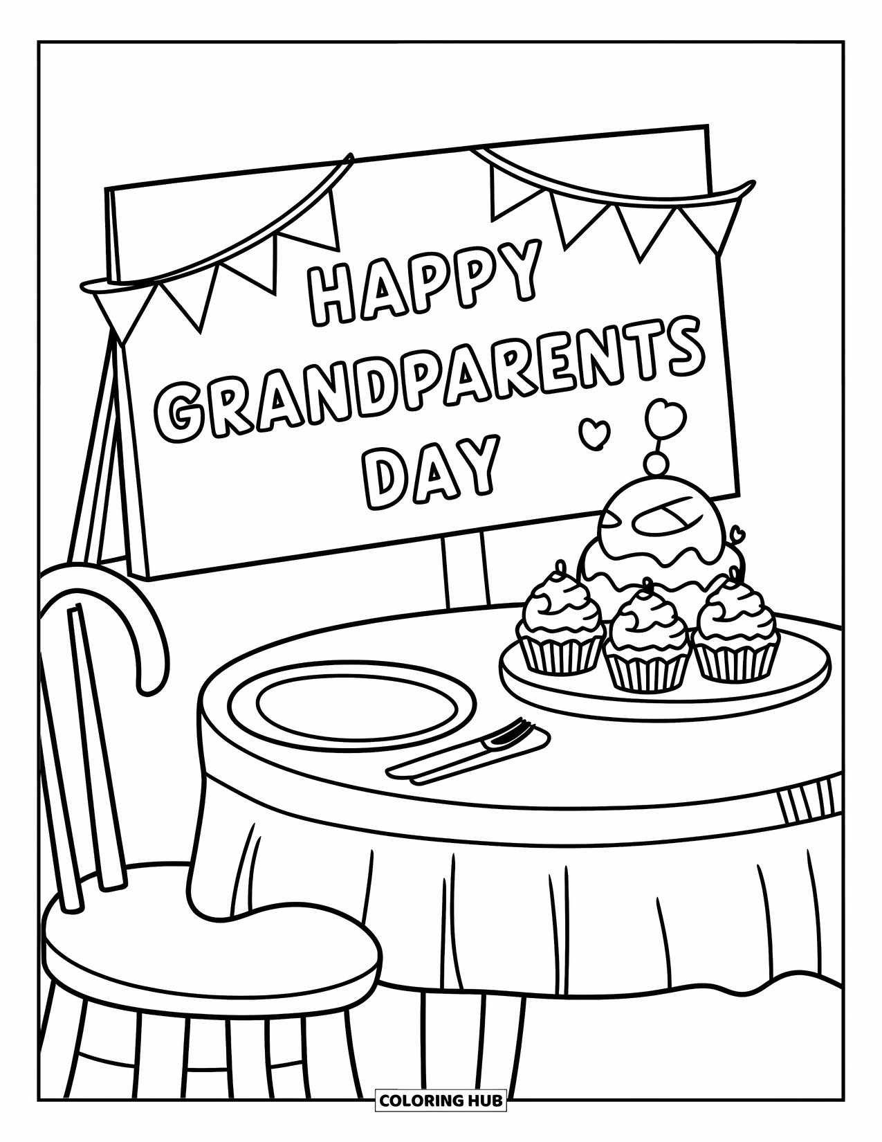 Grandparents Day Coloring Page for Kids: Cupcakes and a cheerful sign decorate a table set for Grandparents Day
