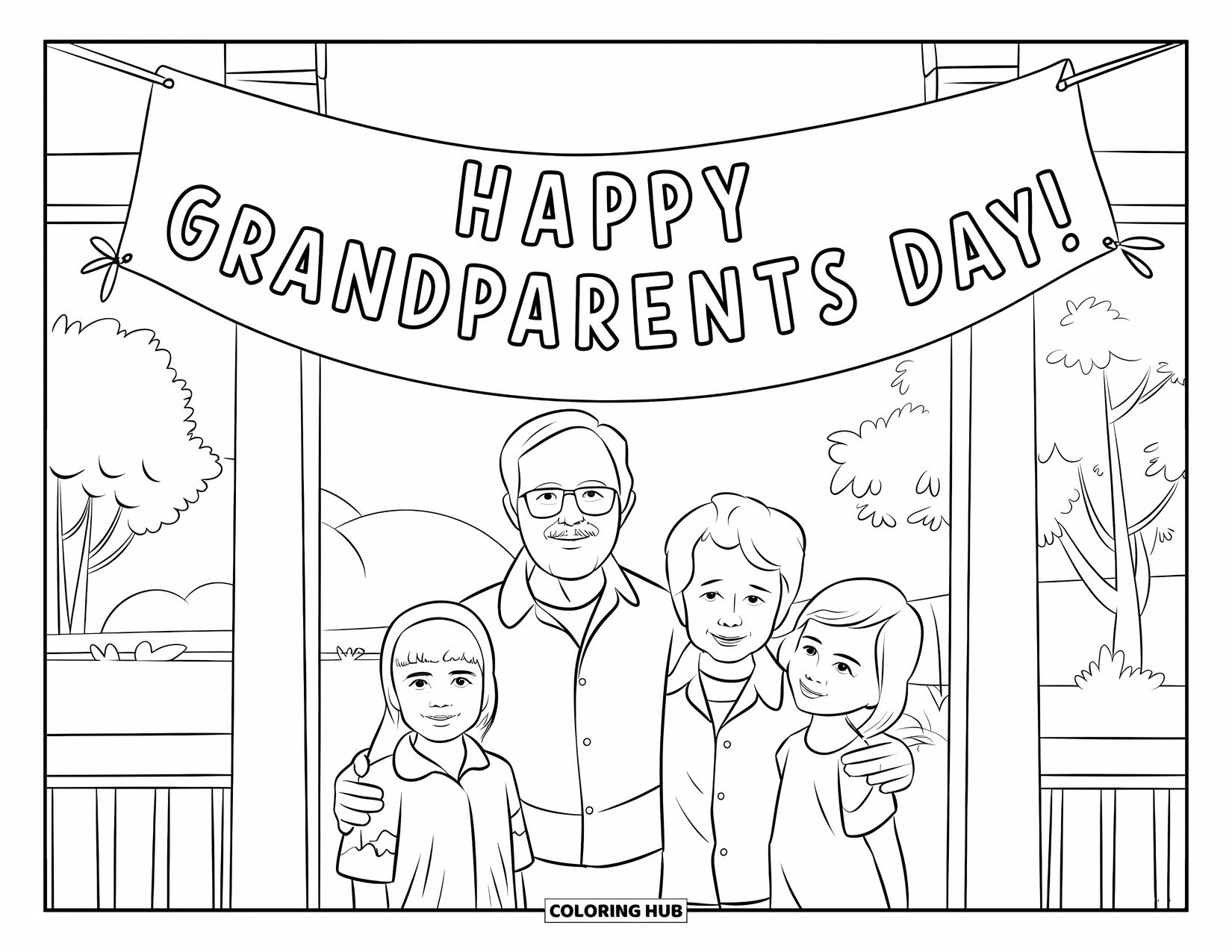 Grandparents Day Coloring Page for Kids: Family of four stands on a porch with a festive "Happy Grandparents Day!" banner above them