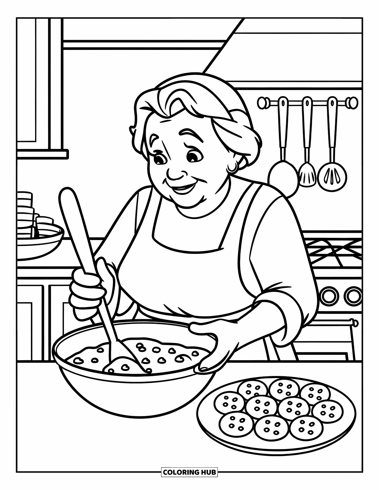 Grandparents Day Coloring Page for Kids: Grandma bakes cookies with a big spoon in a simple kitchen with hanging utensils
