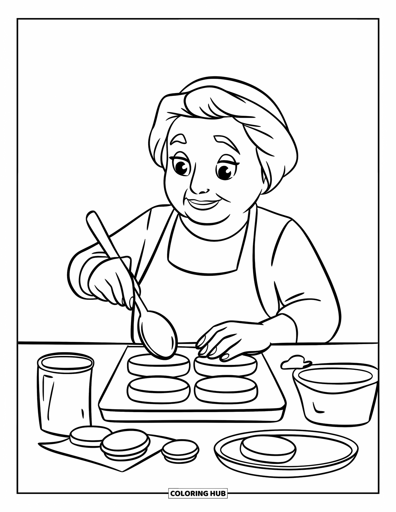 Grandparents Day Coloring Page for Kids: Grandma mixes cookie dough with a big spoon in a cheerful kitchen scene