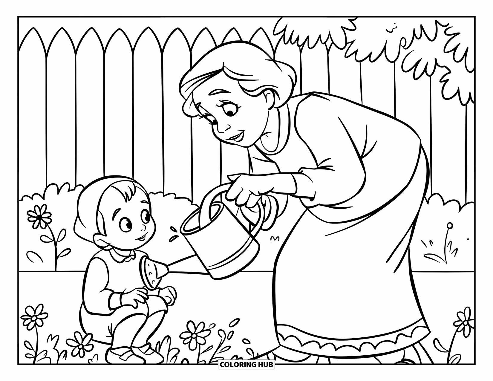 Grandparents Day Coloring Page for Kids: Grandma waters flowers while a curious child sits and watches by a nearby fence