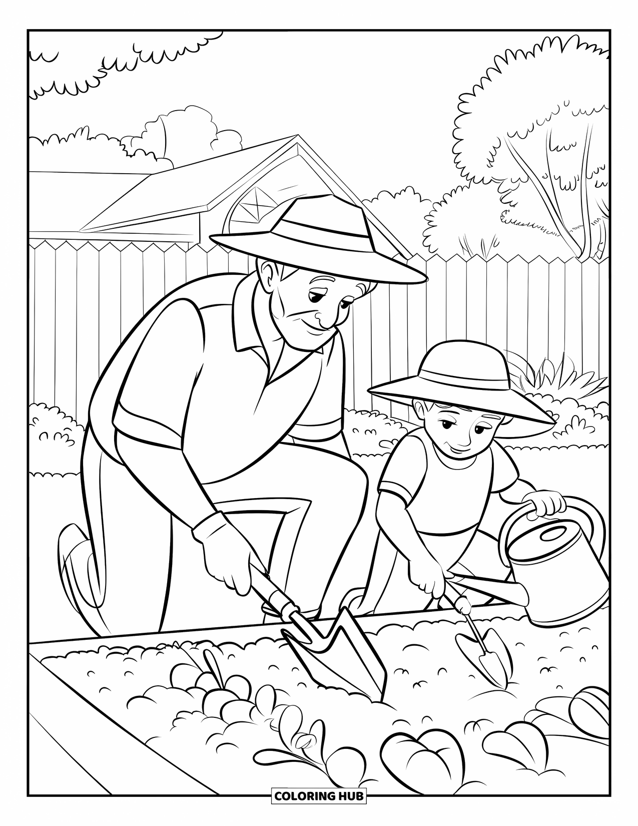Grandparents Day Coloring Page for Kids: Grandpa and child plant vegetables together in a garden near a fence and house