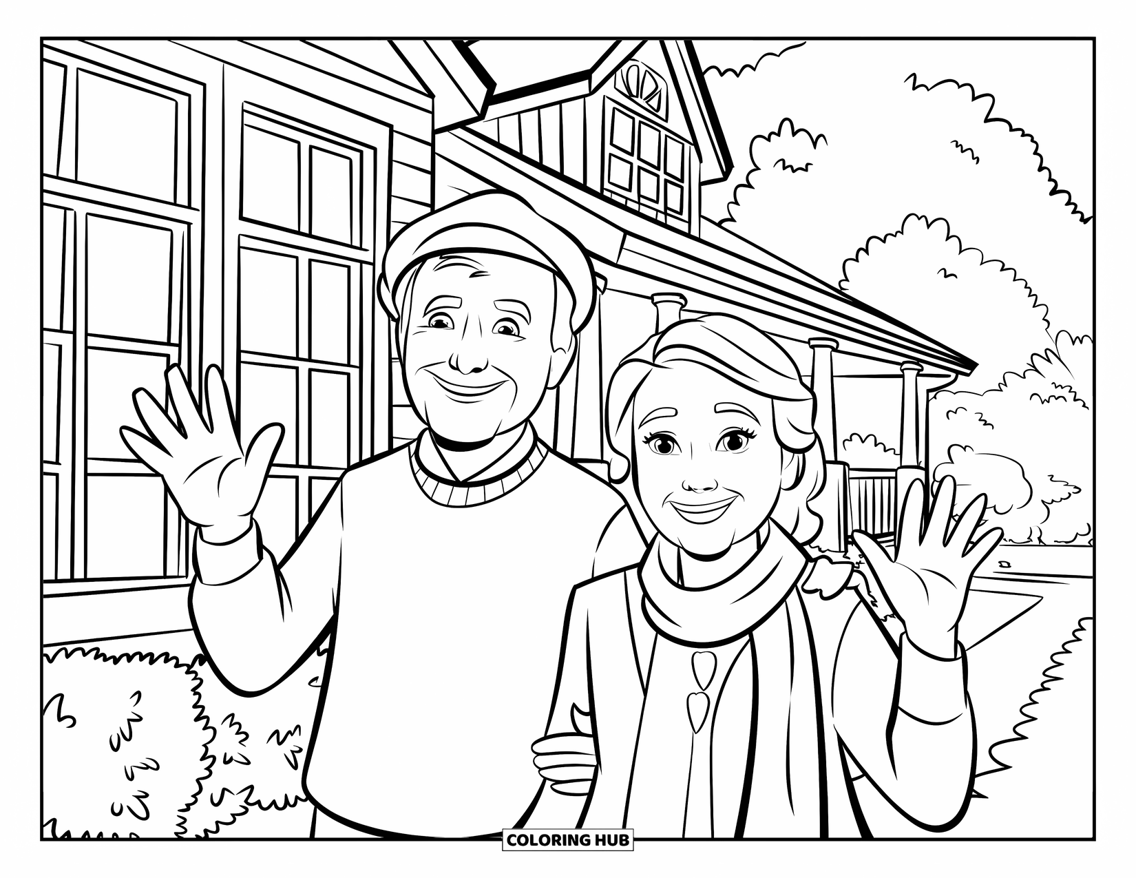 Grandparents Day Coloring Page for Kids: Grandpa and grandma wave cheerfully next to a garden home with trees around