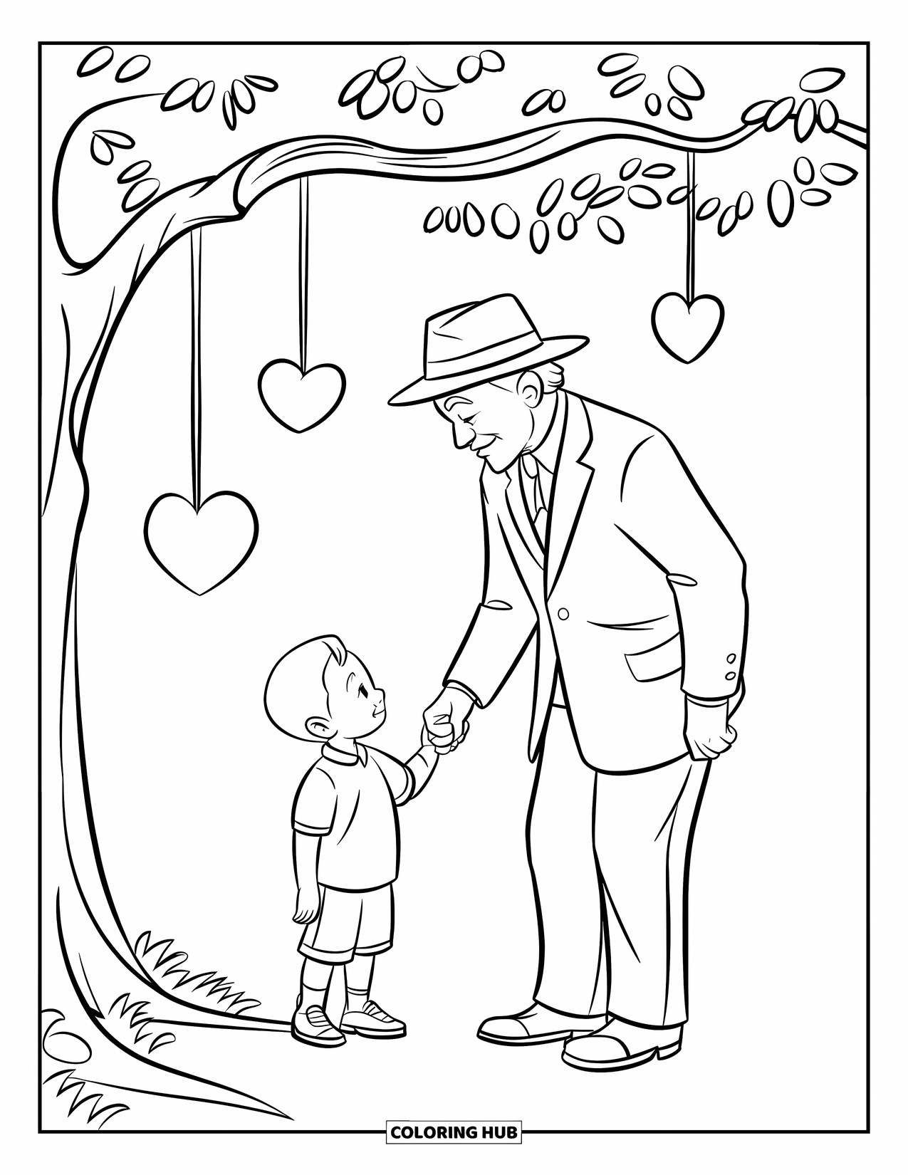 Grandparents Day Coloring Page for Kids: Grandpa and grandson stand under a heart tree, holding hands on a grassy patch