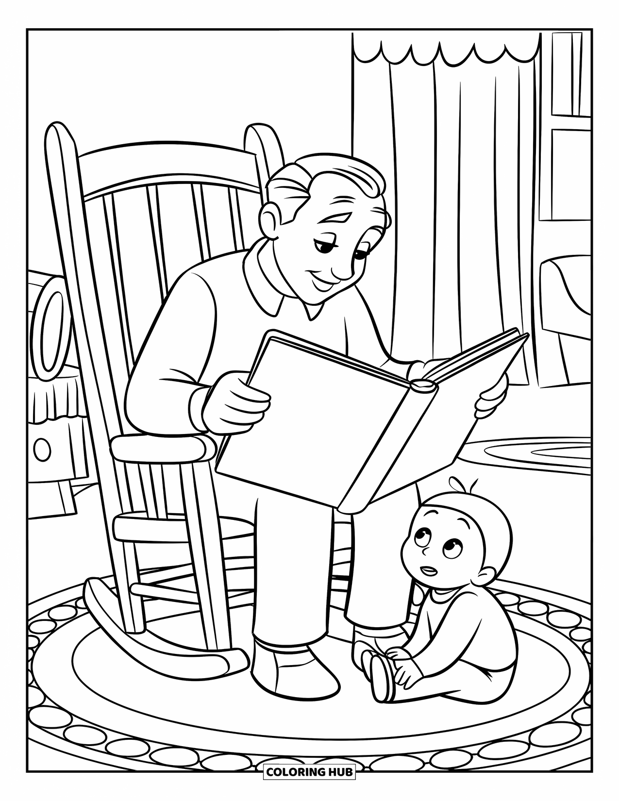 Grandparents Day Coloring Page for Kids: Grandpa reads a large book to a child sitting on the floor with wide eyes and wonder