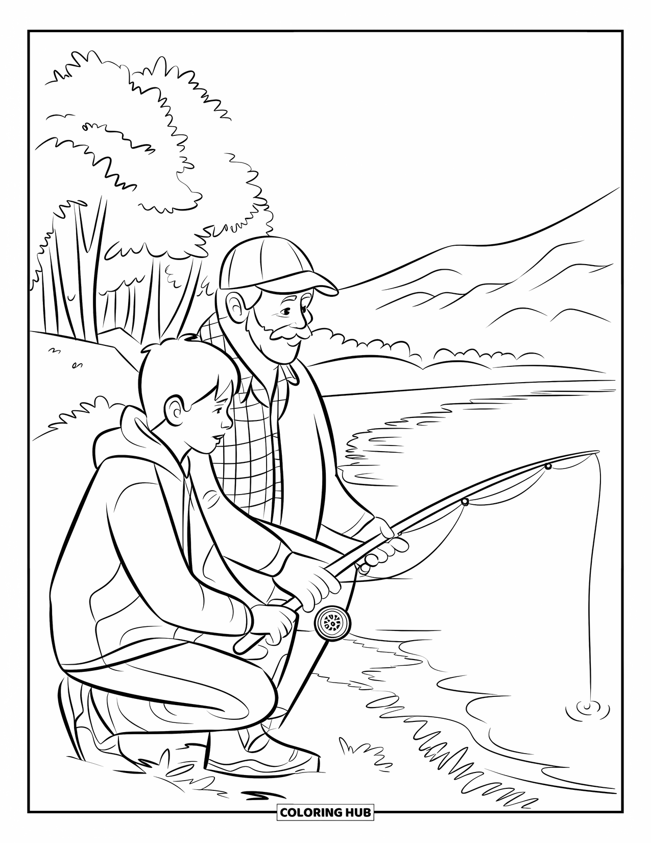 Grandparents Day Coloring Page for Kids: Grandpa teaches teen how to fish by a lake with trees and a mountain in the background