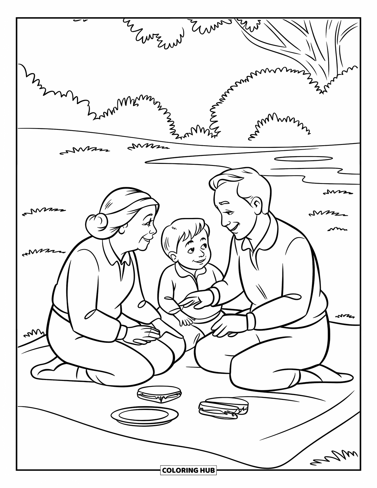 Grandparents Day Coloring Page for Kids: Grandparents and a child sit on a picnic blanket with sandwiches and trees around them