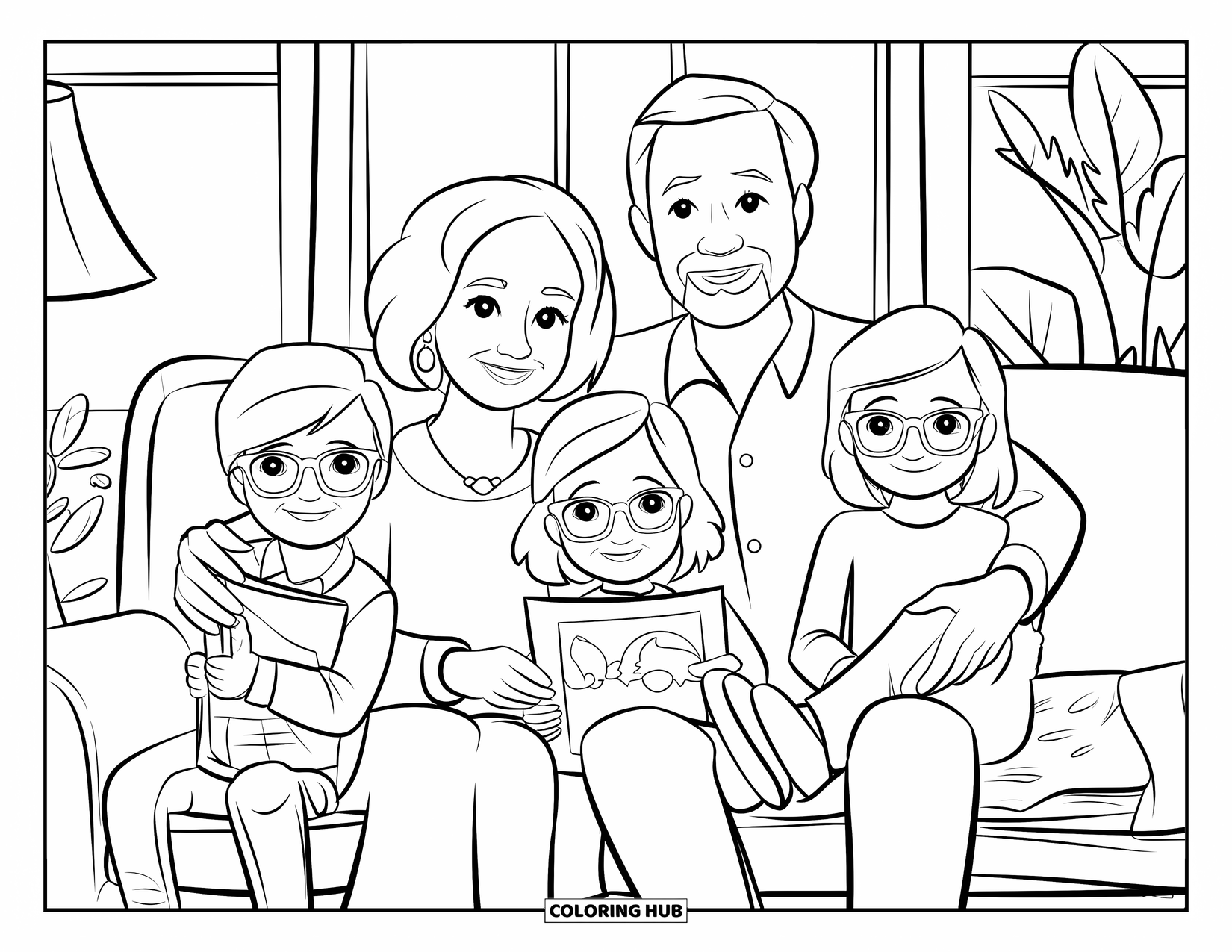 Grandparents Day Coloring Page for Kids: Kids and grandparents sit together on a couch, enjoying a heartfelt drawing