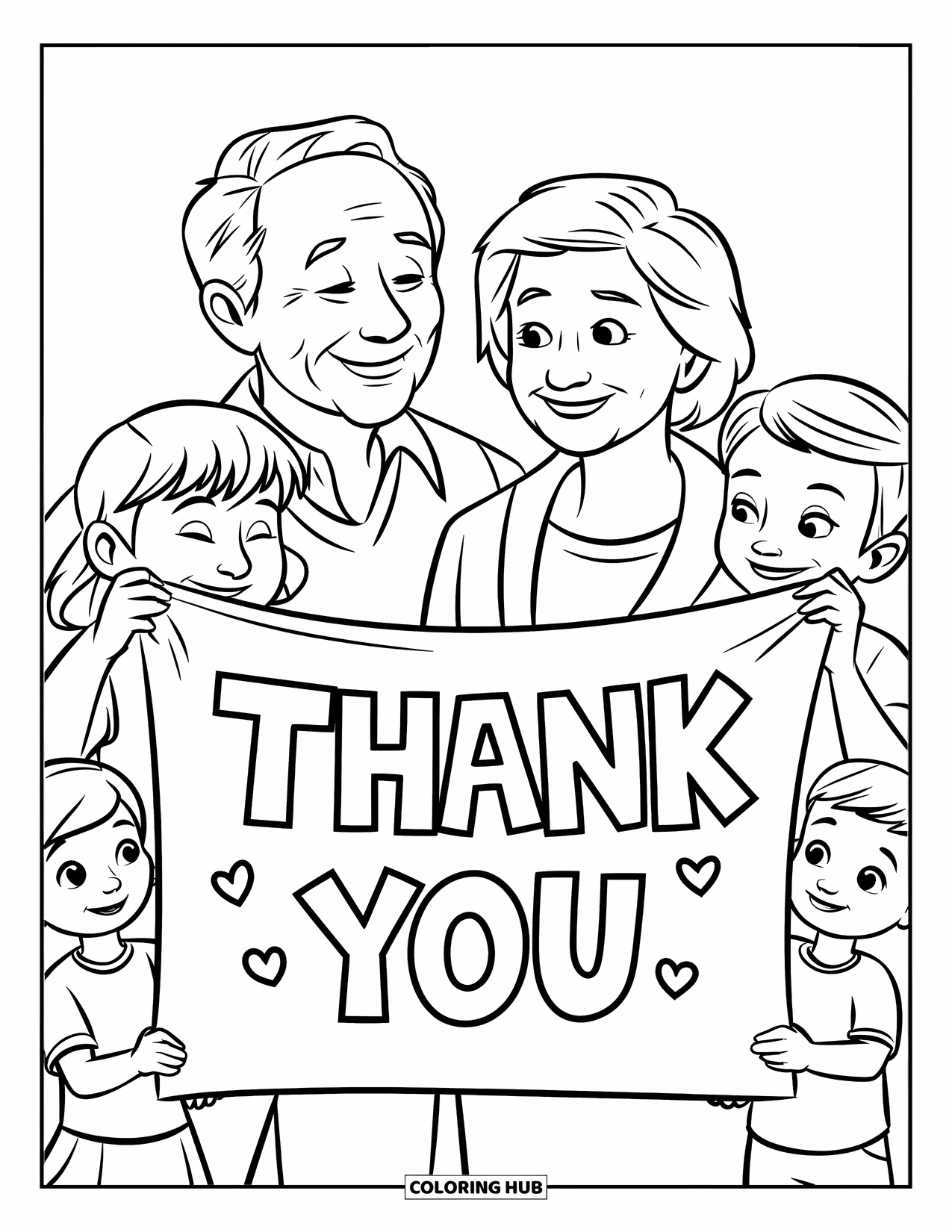 Grandparents Day Coloring Page for Kids: Kids hold a big "Thank You" banner for their smiling grandparents