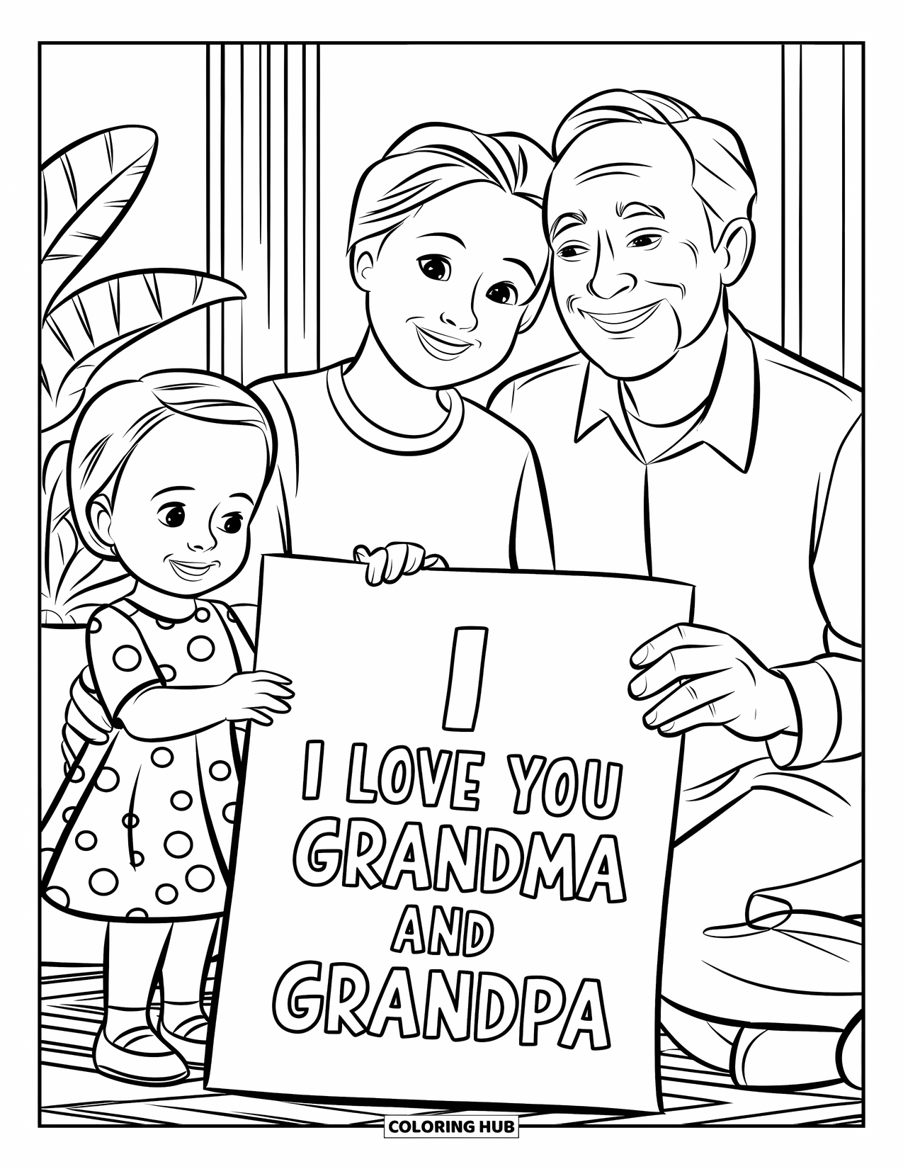 Grandparents Day Coloring Page for Kids: Smiling grandparents receive a big homemade card that says "I love you grandma and grandpa"