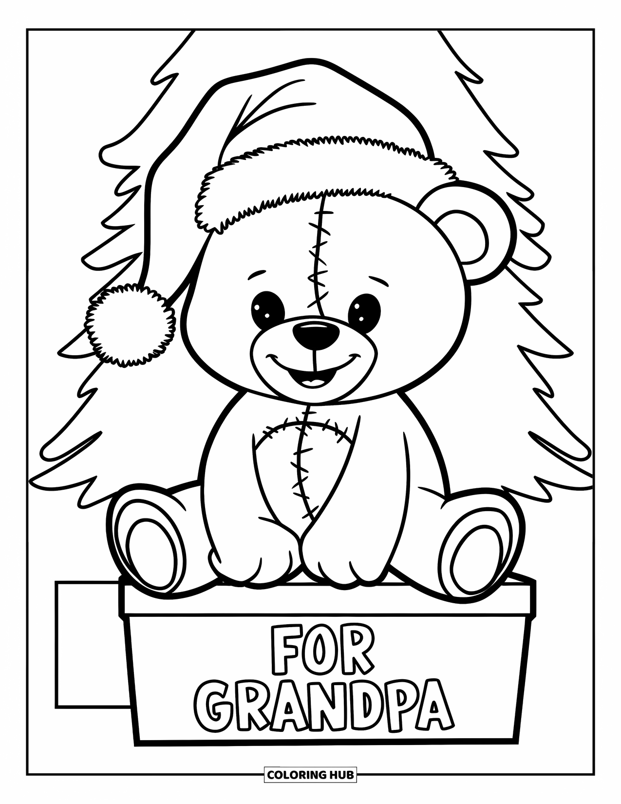 Grandparents Day Coloring Page for Kids: Teddy bear sits on a gift box labeled "For Grandpa" beside a Christmas tree