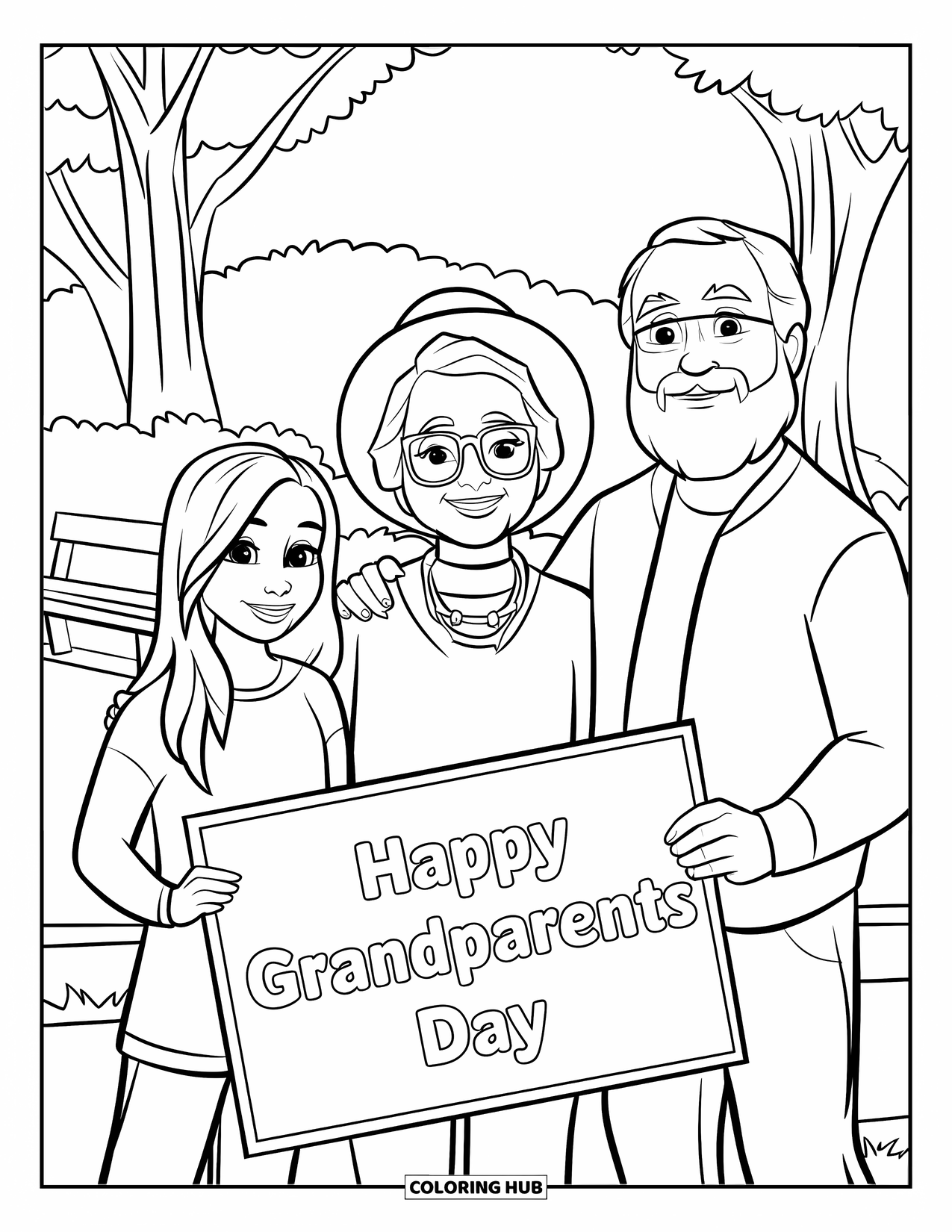Grandparents Day Coloring Page for Kids: Teen holds a sign with two smiling grandparents in a park with trees and a bench