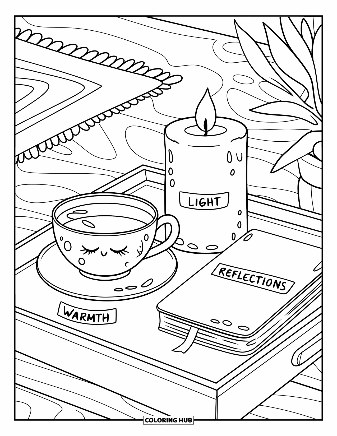 Gratitude Coloring Page for Adults: A cozy tray with a teacup, candle, and journal creates a gratitude moment