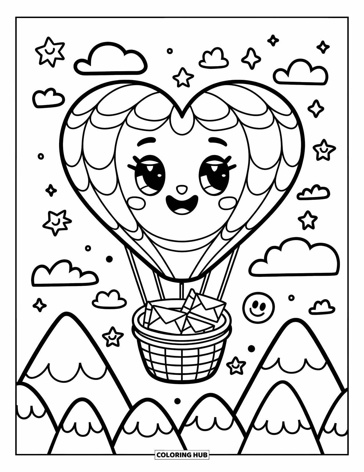 Gratitude Coloring Page for Adults: A heart balloon with a sweet face drifts with thank-you letters and cute stars
