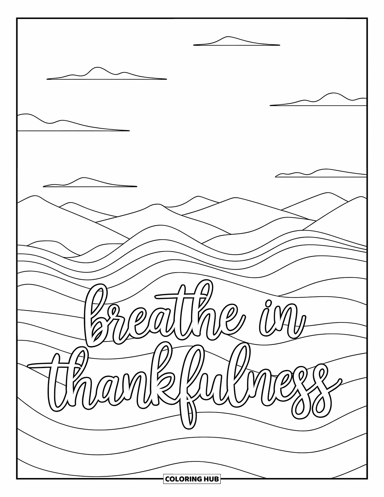 Gratitude Coloring Page for Adults: A peaceful mountain scene with waves says "Breathe In Thankfulness"