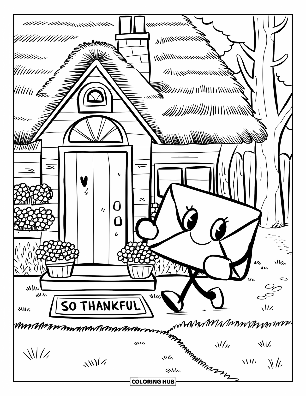 Gratitude Coloring Page for Adults: A smiling envelope delivers a sweet letter to a tiny house with trees around