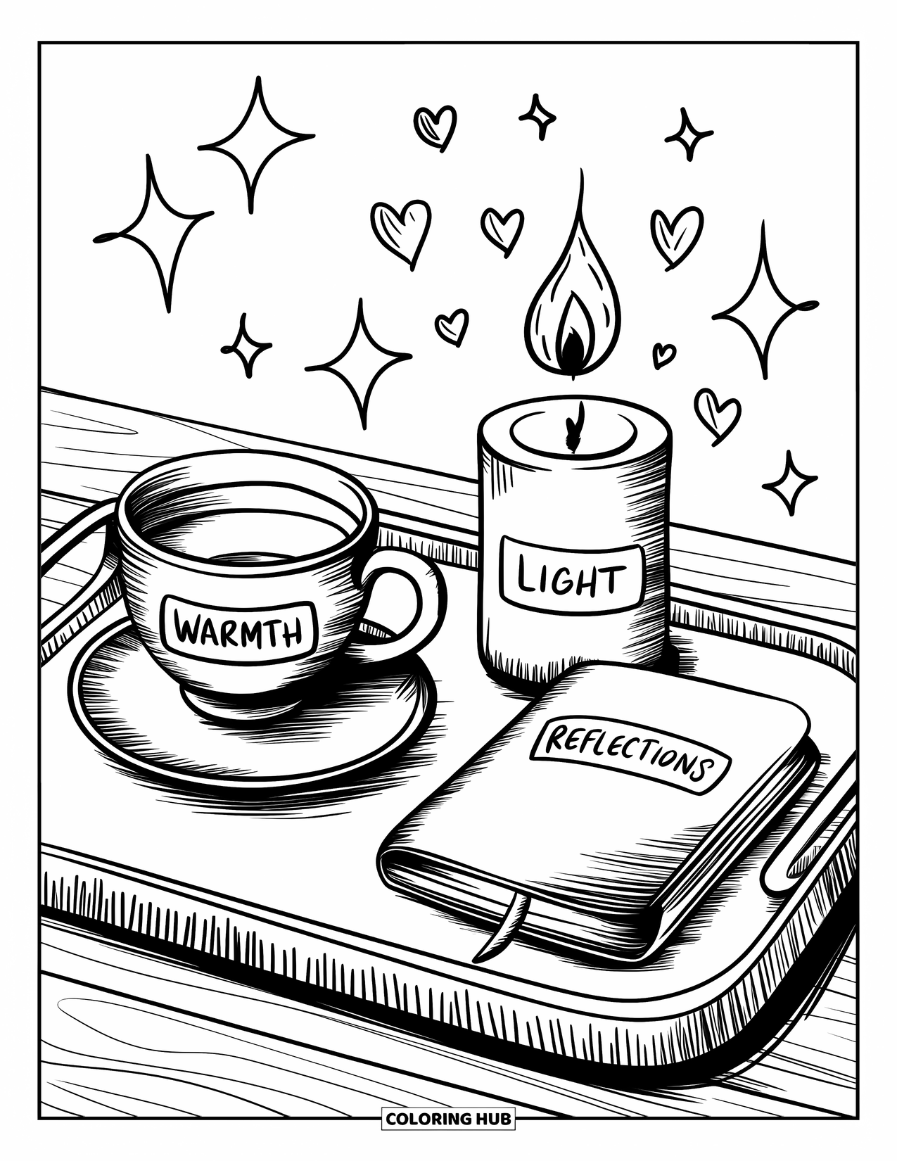 Gratitude Coloring Page for Adults: A tiny tray with a teacup, candle, and journal shares peaceful gratitude vibes