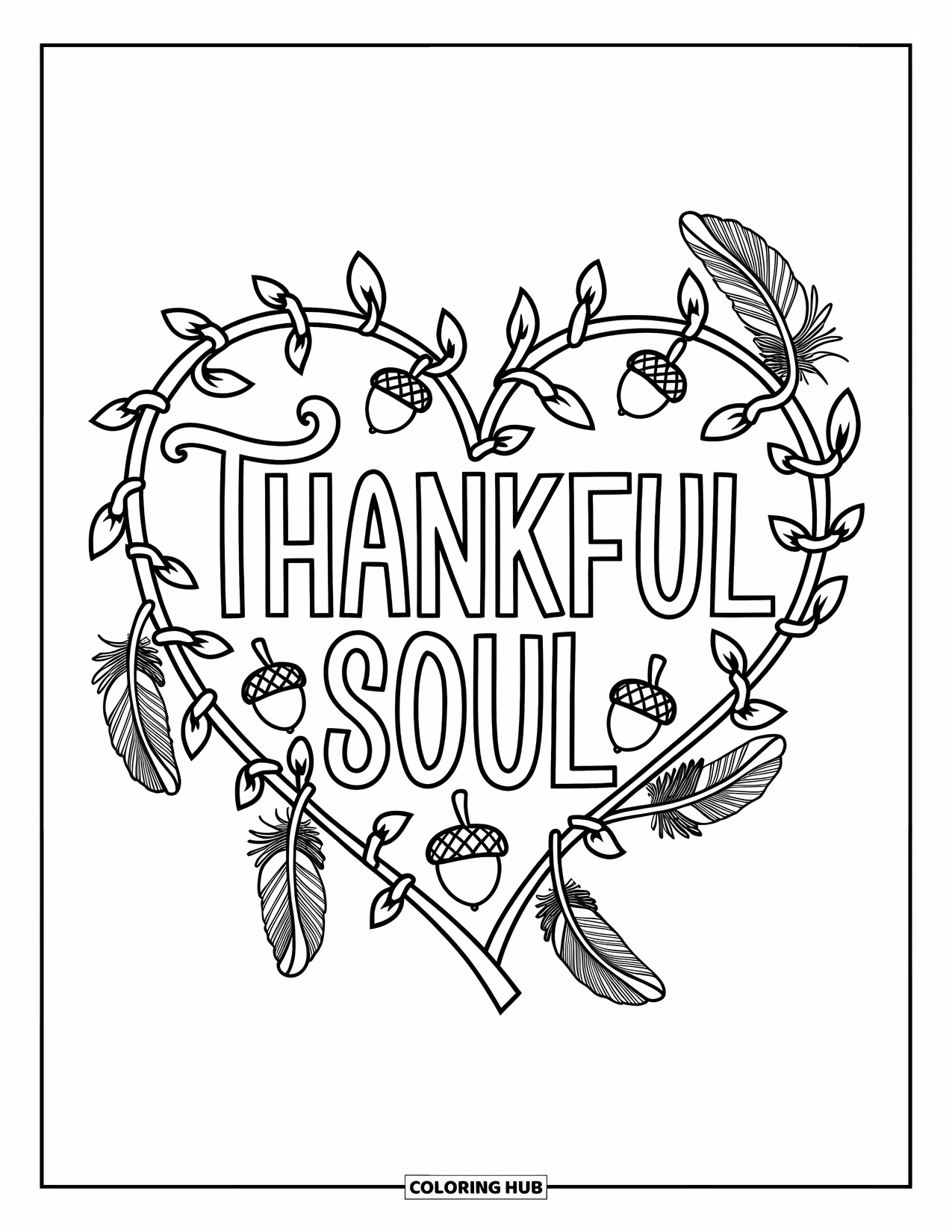 Gratitude Coloring Page for Adults: A woven heart of vines and feathers holds the phrase "Thankful Soul"