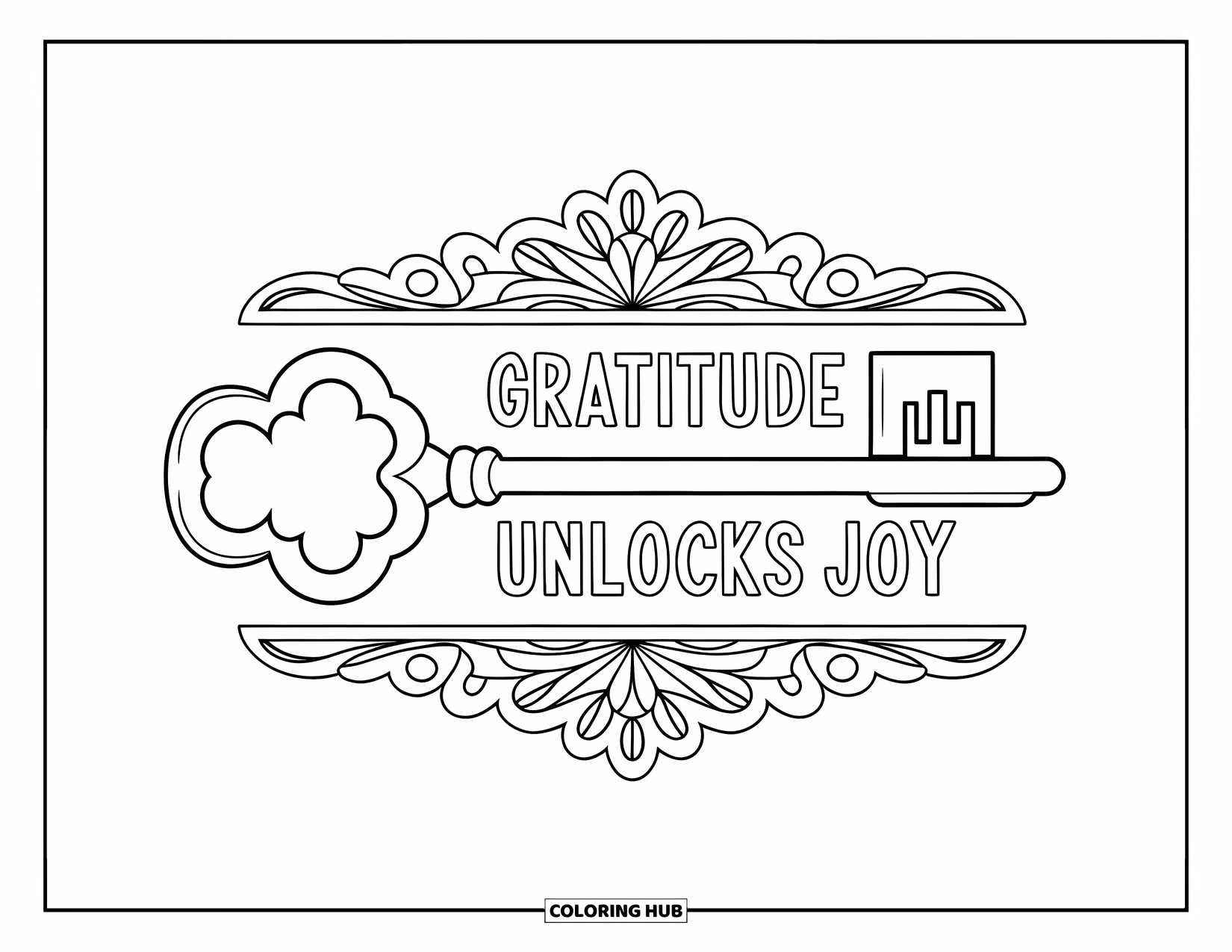 Gratitude Coloring Page for Adults: An elegant key engraved with "Gratitude Unlocks Joy" framed by filigree details