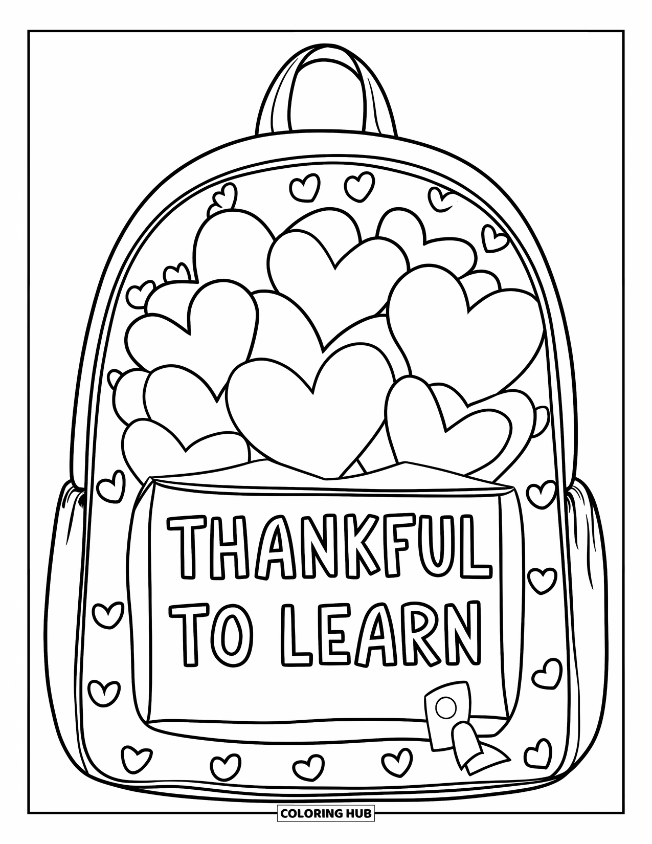 Gratitude Coloring Page for Kids: A backpack stuffed with hearts and a tag that says "Thankful to Learn"