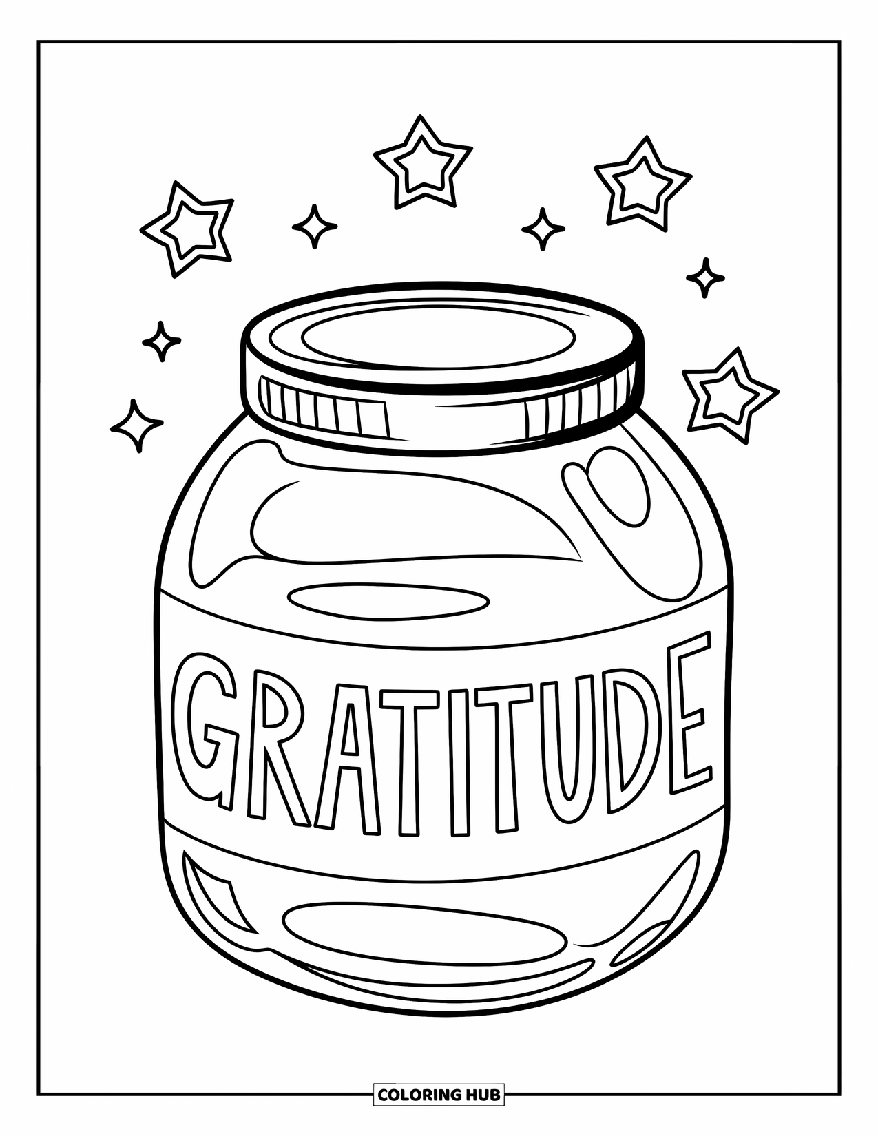 Gratitude Coloring Page for Kids: A cheerful jar marked "Gratitude" with floating stars around it