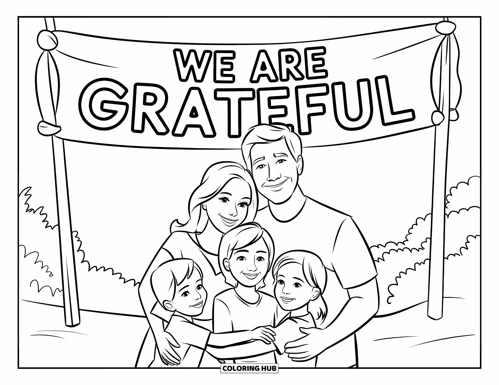 Gratitude Coloring Page for Kids: A happy family hugs under a "We Are Grateful" banner in a grassy field