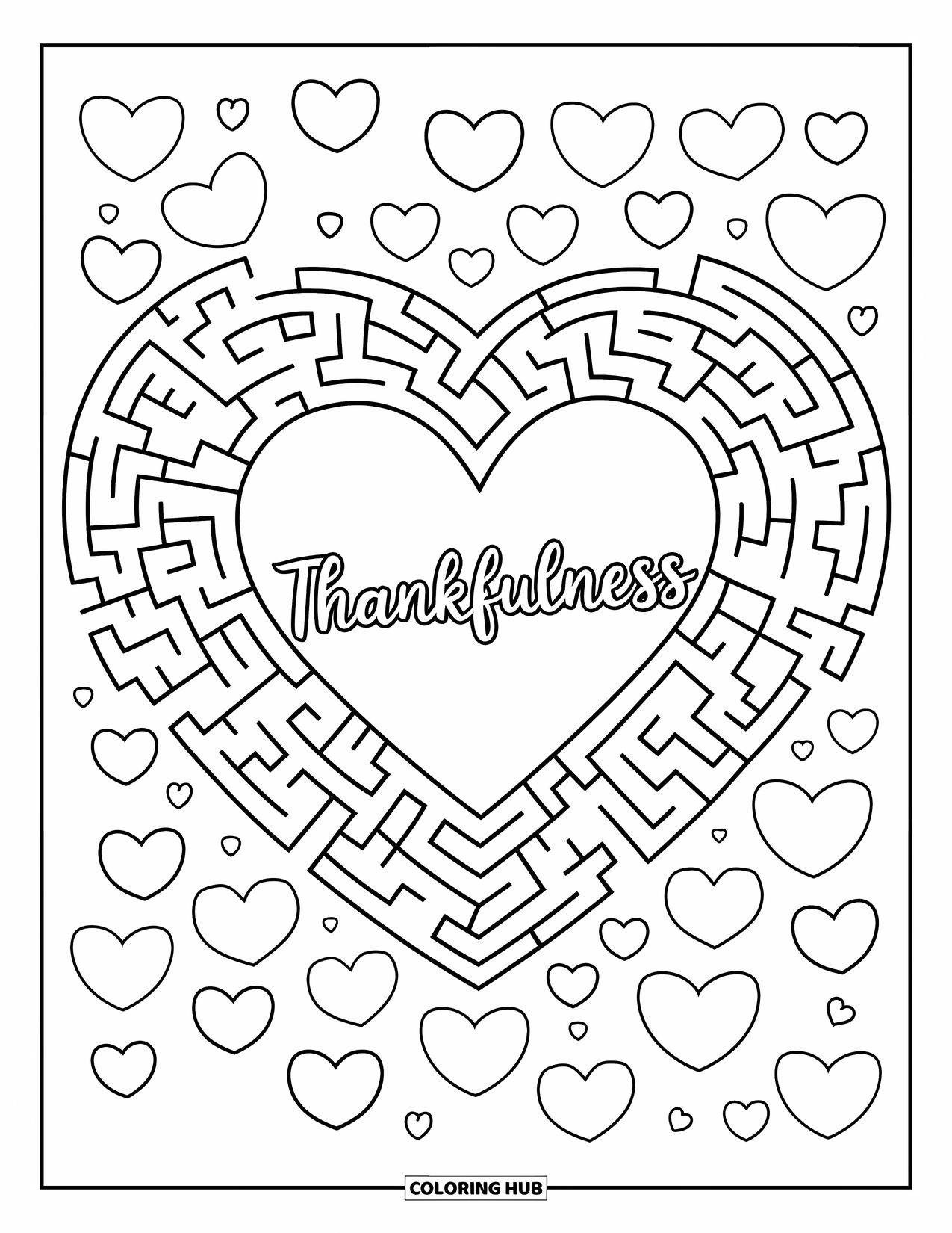 Gratitude Coloring Page for Kids: A heart maze filled with hearts and the word "Thankfulness" at the center