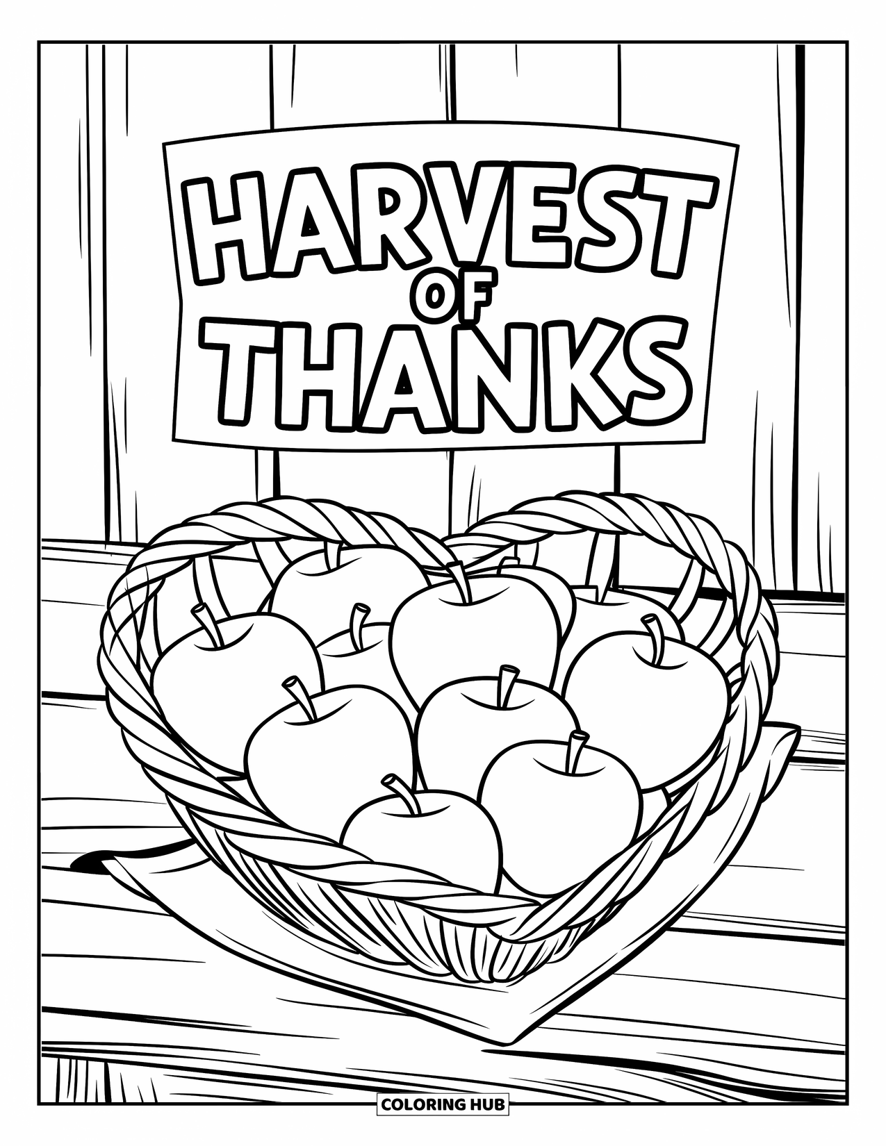 Gratitude Coloring Page for Kids: A heart-shaped basket of apples with "Harvest of Thanks" above it