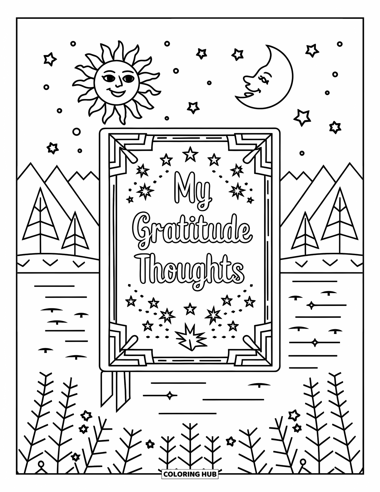 Gratitude Coloring Page for Kids: A journal titled "My Gratitude Thoughts" with a sun, moon, and stars nearby