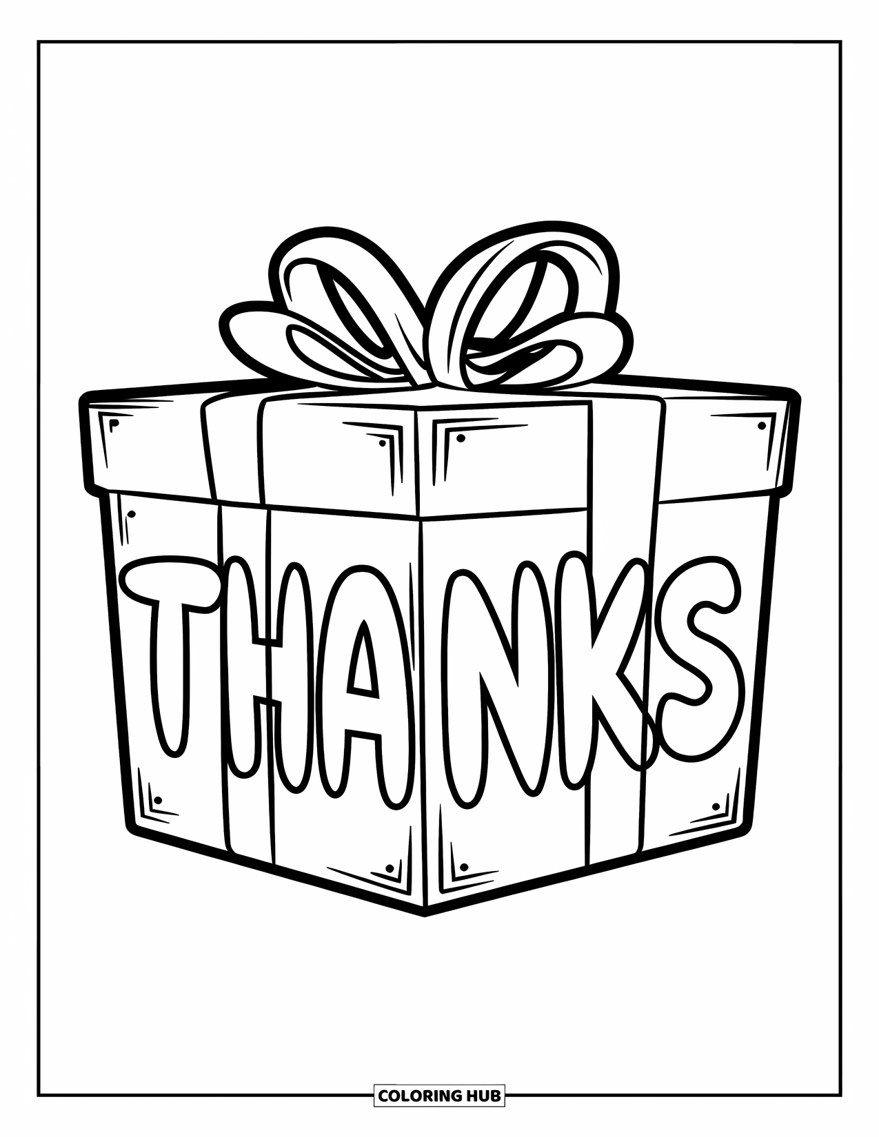 Gratitude Coloring Page for Kids: A ribboned gift box with "Thanks" sits on a wooden base