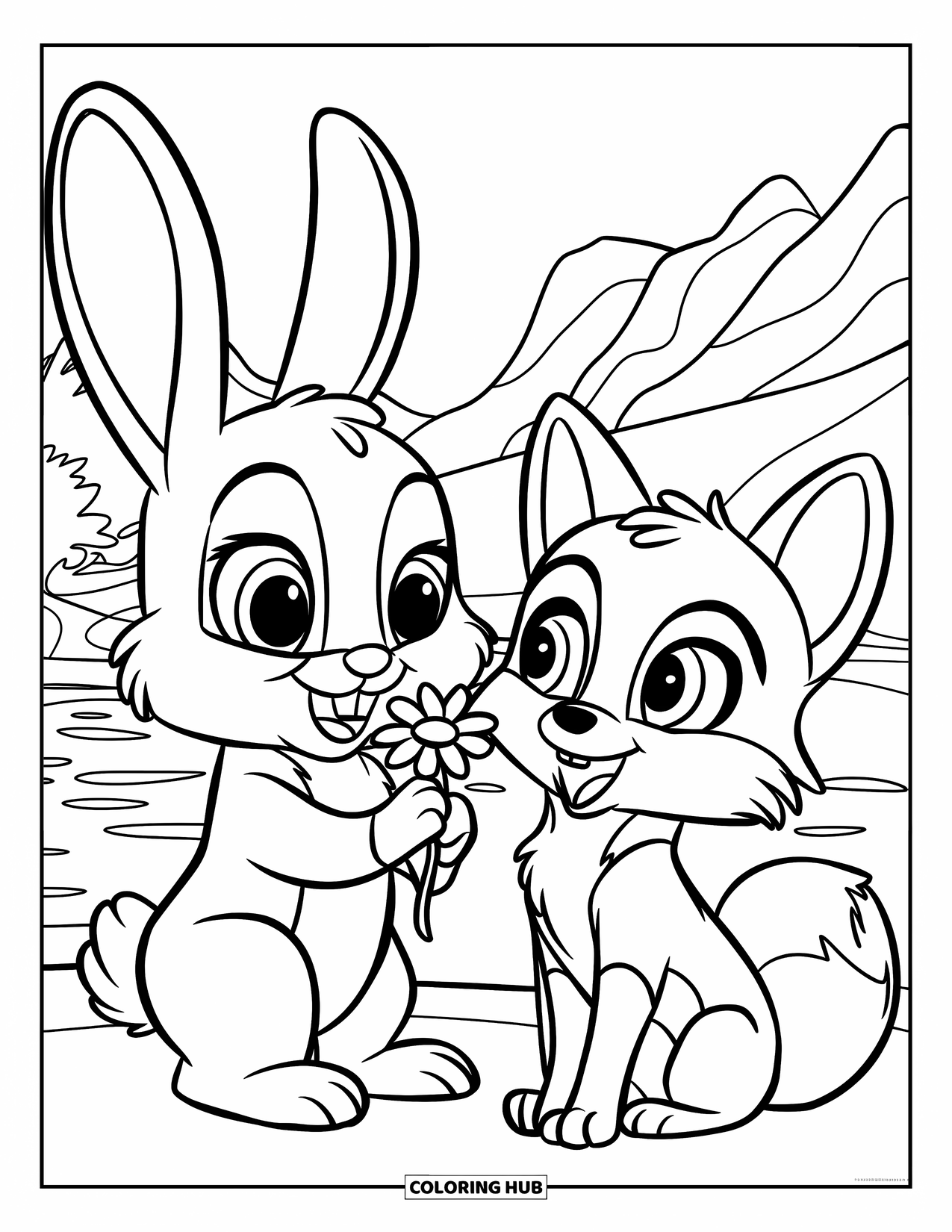 Gratitude Coloring Page for Kids: A sweet rabbit gives a flower to a surprised fox near mountains and water