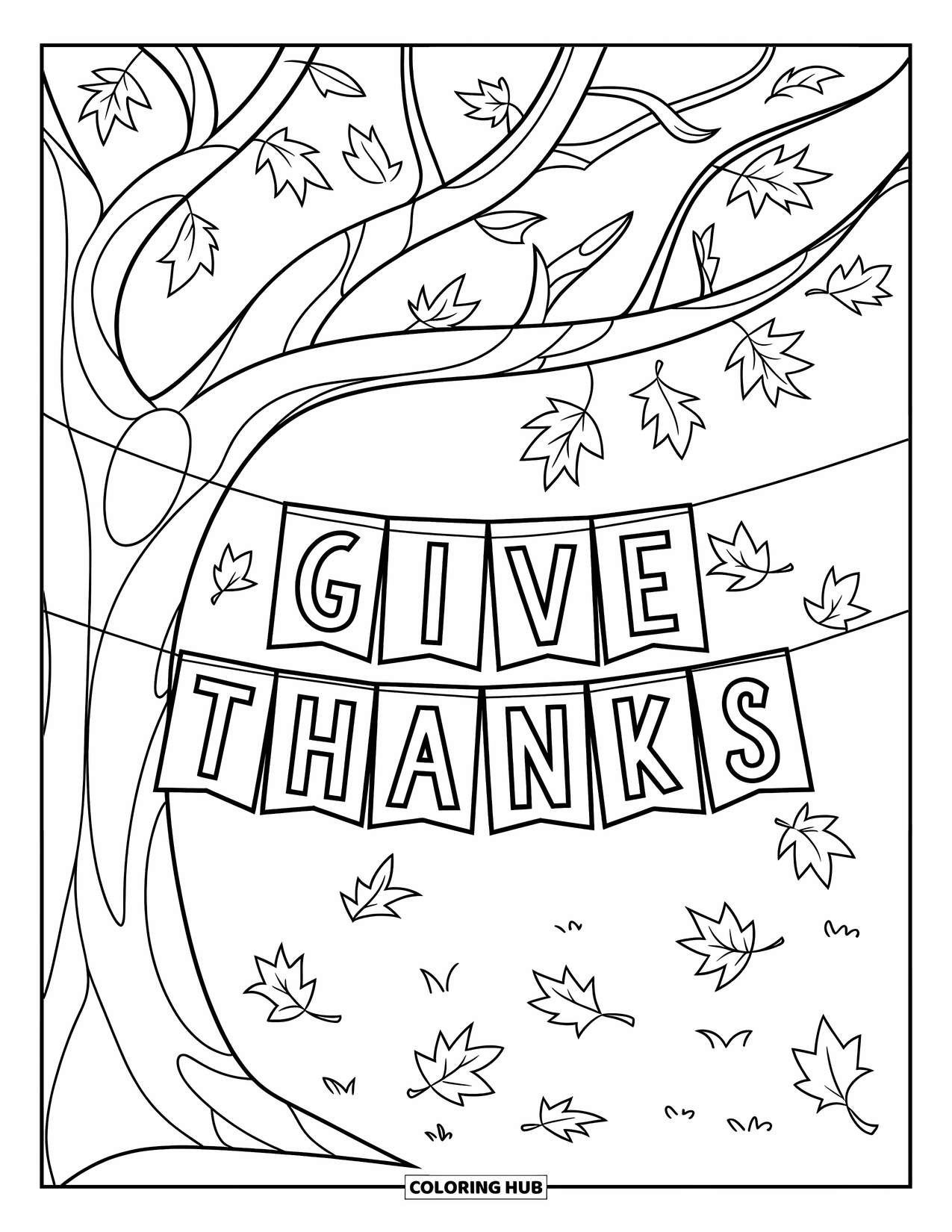 Gratitude Coloring Page for Kids: A tree drops leaves with a "Give Thanks" banner hanging on it