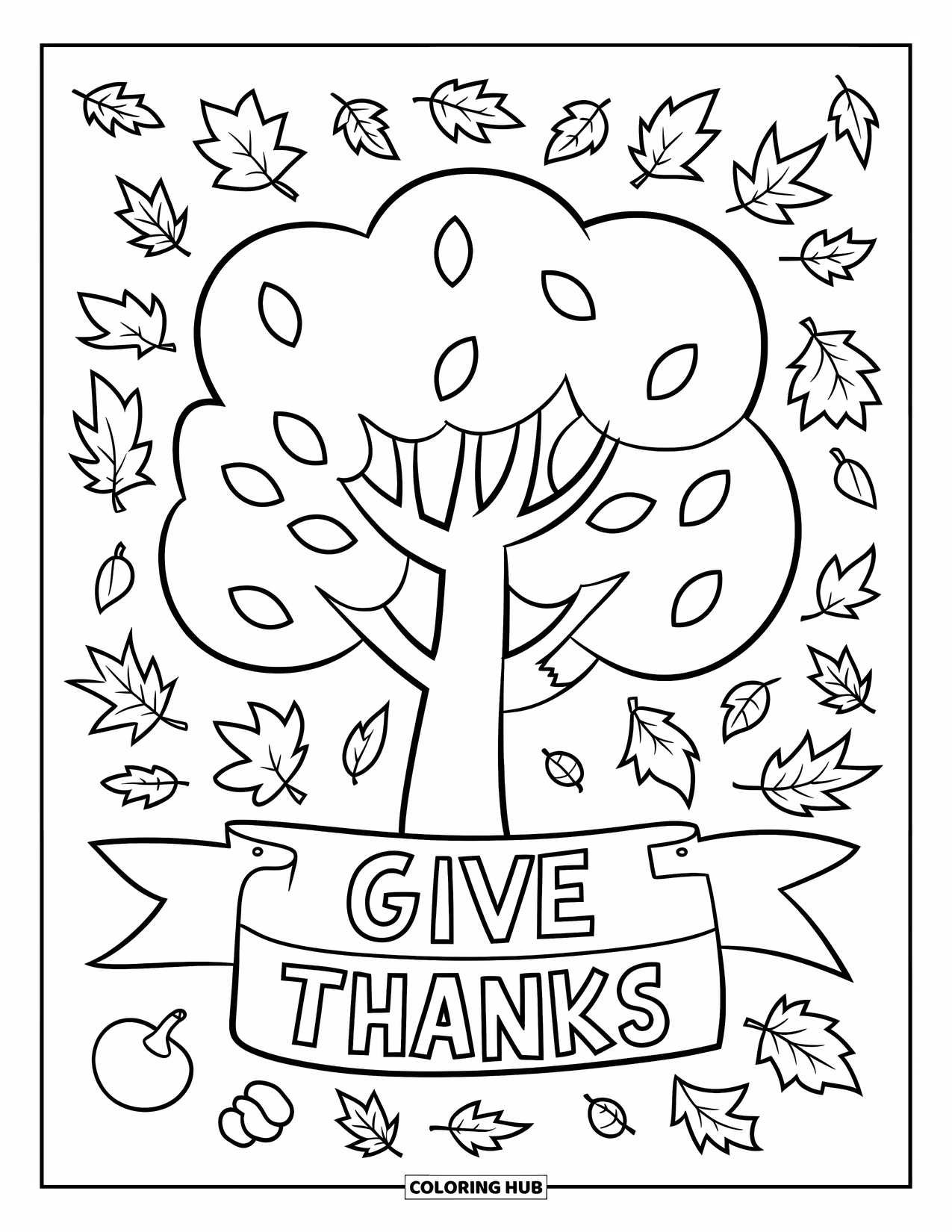 Gratitude Coloring Page for Kids: A tree with falling leaves and a "Give Thanks" banner across its branches