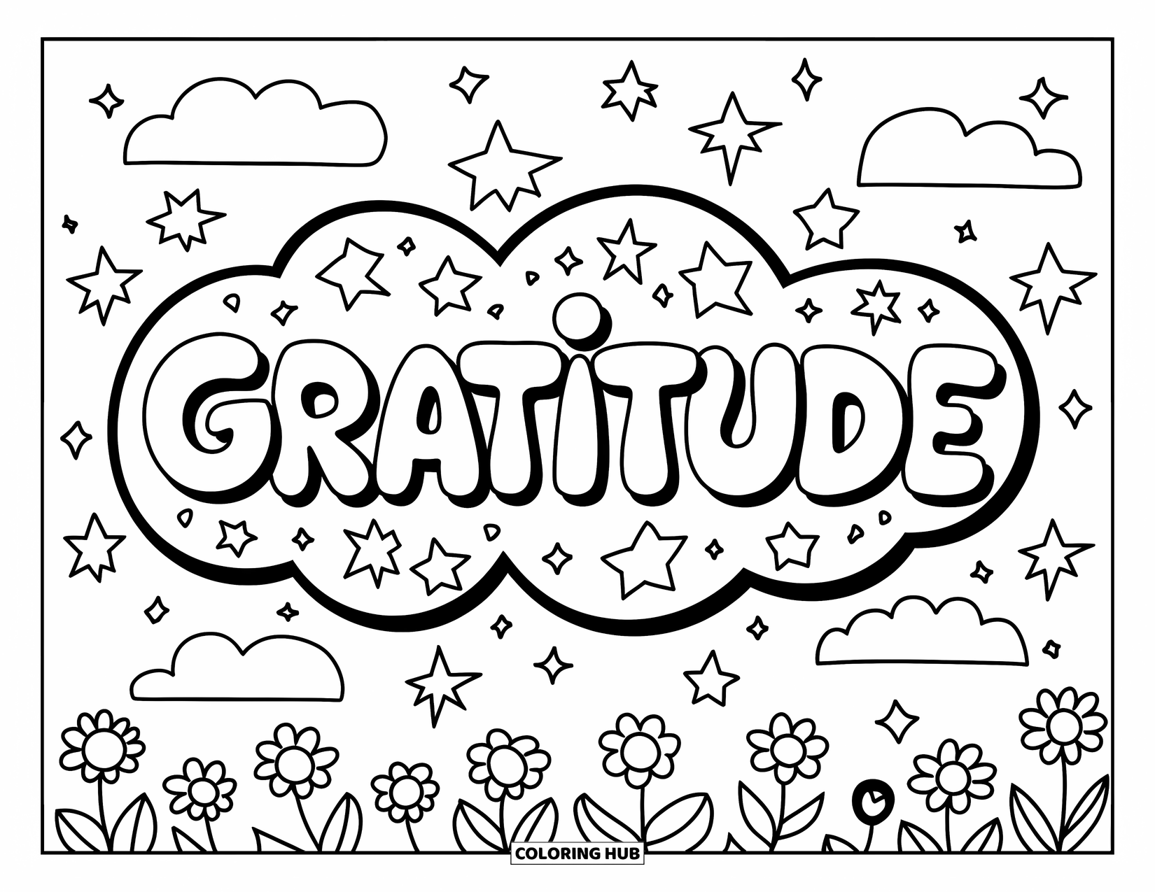 Gratitude Coloring Page for Kids: Big bubbly "Gratitude" word with stars, clouds, and scattered flowers