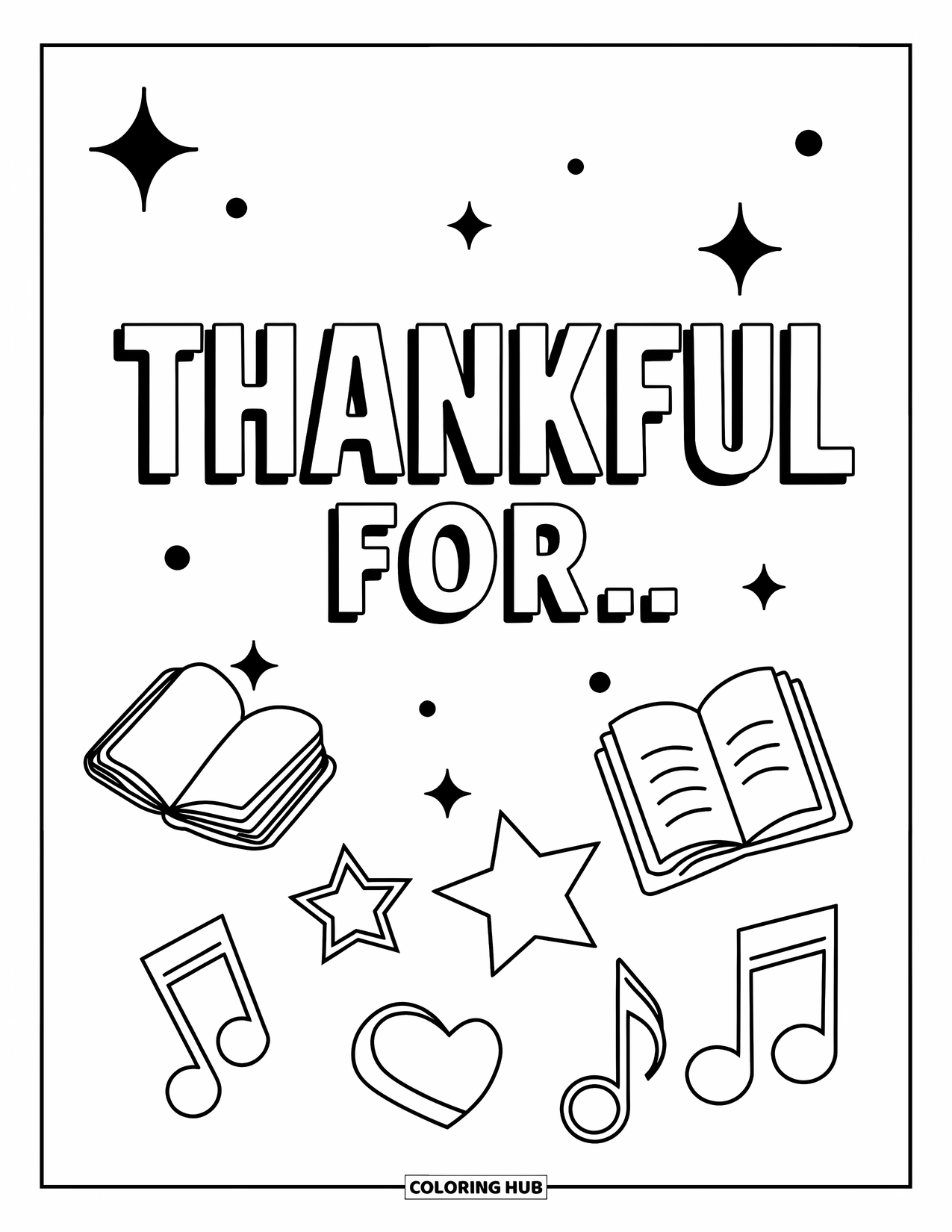 Gratitude Coloring Page for Kids: Floating icons of books, stars, hugs, and music under "Thankful For "