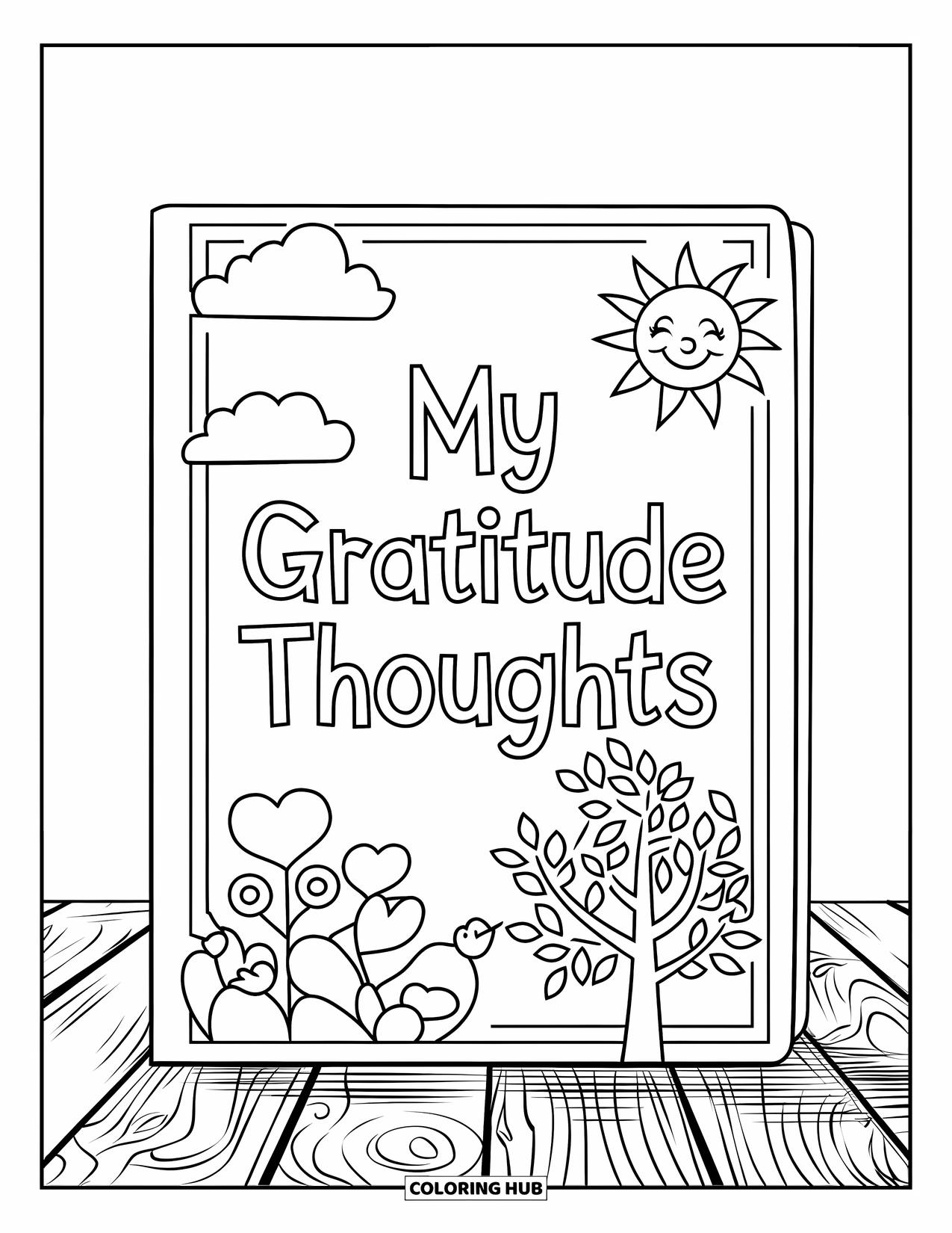 Gratitude Coloring Page for Kids: "My Gratitude Thoughts" journal sits with a sun, cloud, tree, and tiny heart